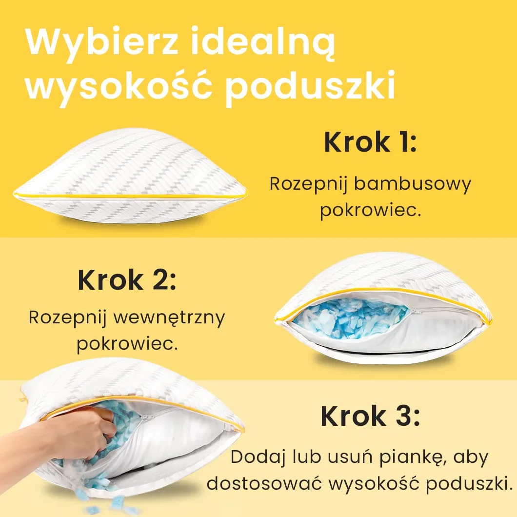 Cosi Home® Ergonomiczna Poduszka Chłodząca z Pianki Pamięci, Zapamiętująca Kształt, Z Bambusową Poszewką, Wypełnione Żelem Chłodzącym, Regulowana Wysokość, 2 szt w Zestawie