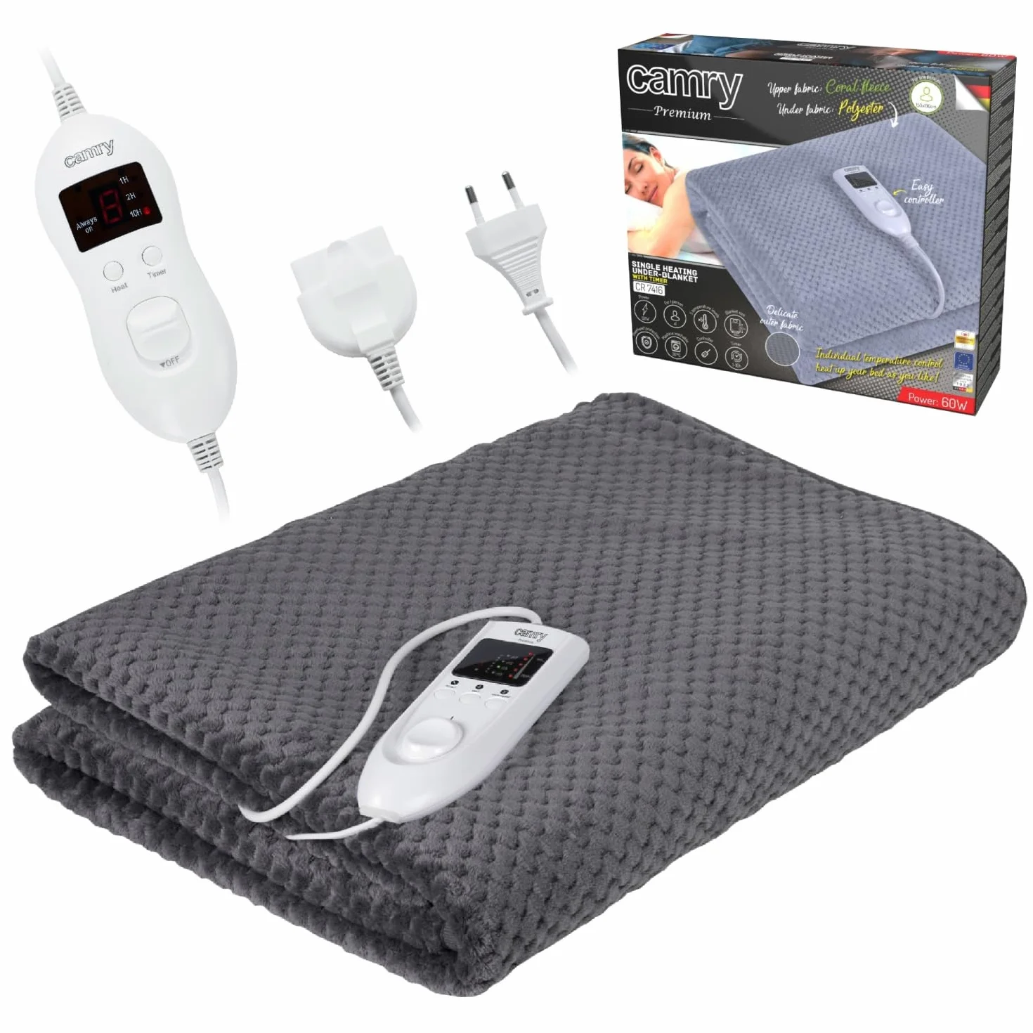 CR7416 CAMRY elektryczny ogrzewacz do łóżka, 60 W, 8 poziomów temperatury i ochrona przed przegrzaniem, polar, poliester, szary, 150 x 100 cm