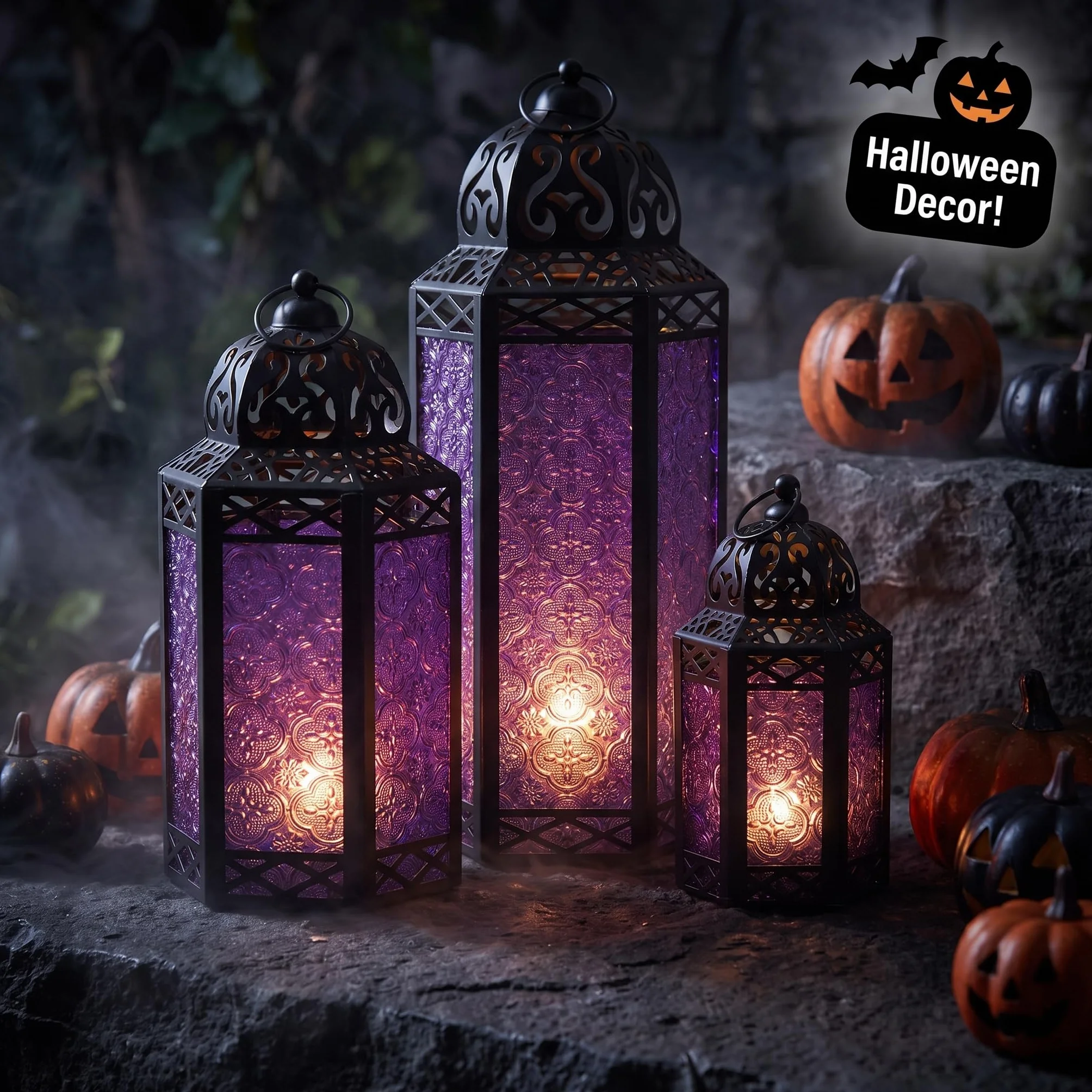 Vela Lanterns Zestaw 3 lampionów marokańskie świeczniki dekoracyjne na podłogę Ramadan dekoracja wnętrz dekoracja domu na zewnątrz patio ganek Halloween ślub fioletowy kolor