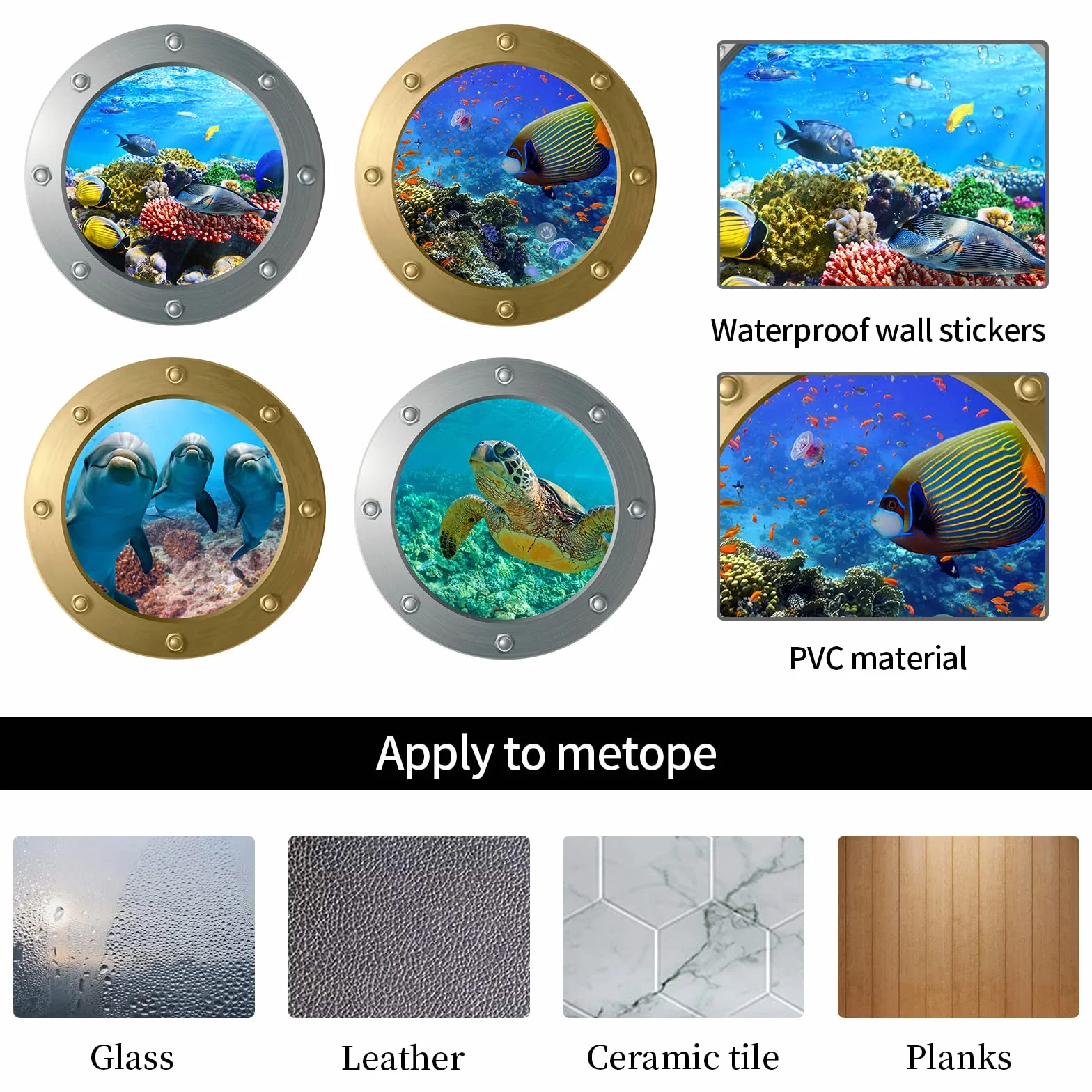 4 sztuki ścienne 3D naklejek podwodny świat, 3D Sea Life, delfin, łódź podwodna, okno, naklejki na płytki, do łazienki, obraz, dekoracja
