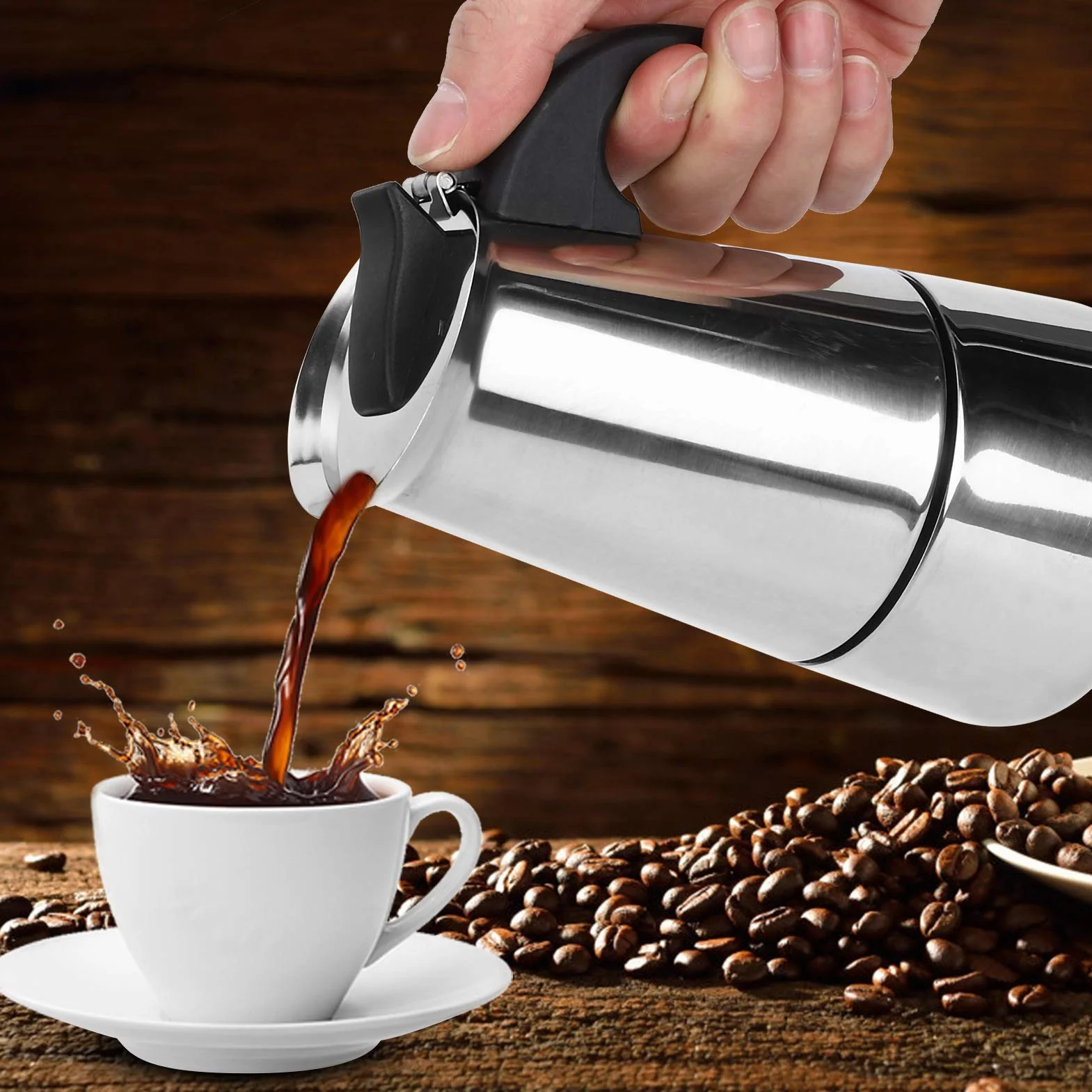 Wakects Ekspres do kawy Moka, 4 filiżanki, stal nierdzewna, 200 ml, srebrny, kompatybilny z indukcją, nowoczesny, do podróży i domu