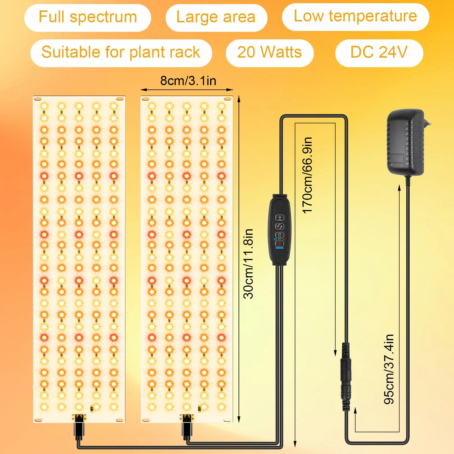 Lampa do wzrostu LED 20 W, 2 szt., do uprawy roślin z 270 diodami LED, z timerem 3/6/12H, dla sadzonek i półek uprawy