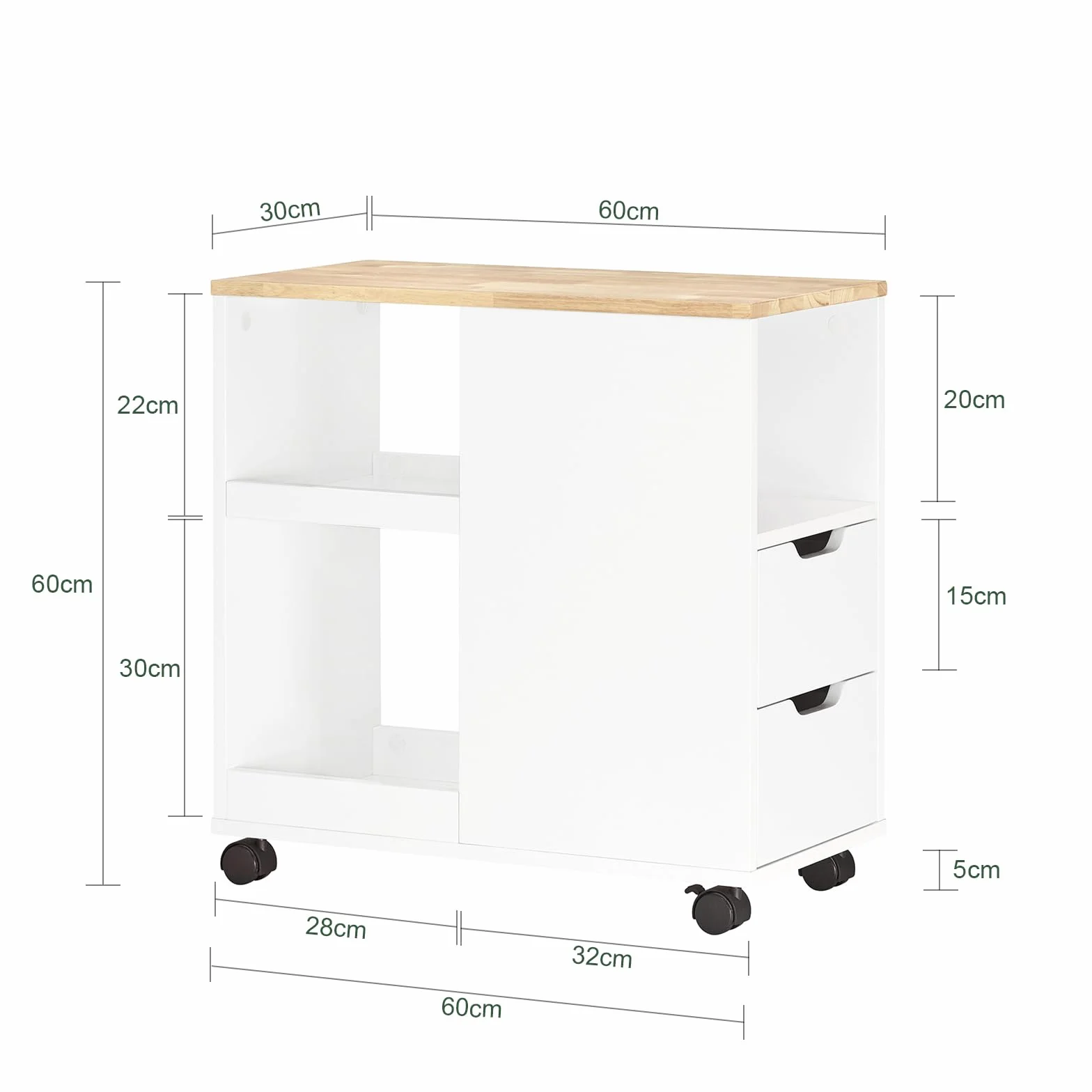 SoBuy Stojak na drukarkę z kółkami – Mobilny stół pod drukarkę i szafka biurowa do biura i Home Office, z szufladami i półkami, B60 x D30 x H60 cm, FBT130-WN