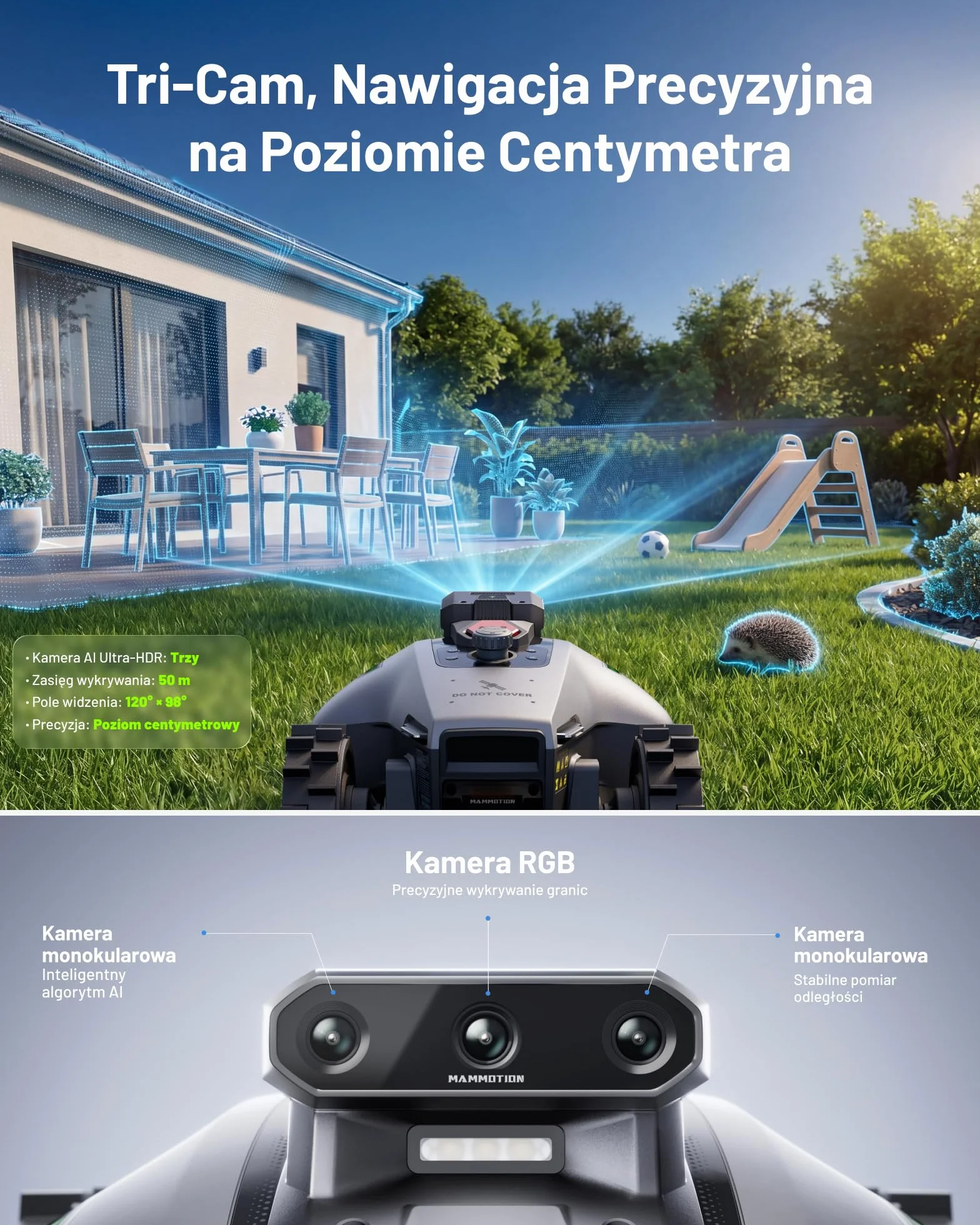 MAMMOTION YUKA mini 2 500 Robot koszący bez przewodu obwodowego, do 500 m², Tri-Cam AI Vision,BRAK RTK, brak przerw w sygnale, automatyczne mapowanie wielu stref, DropMow, ręczna edycja mapy