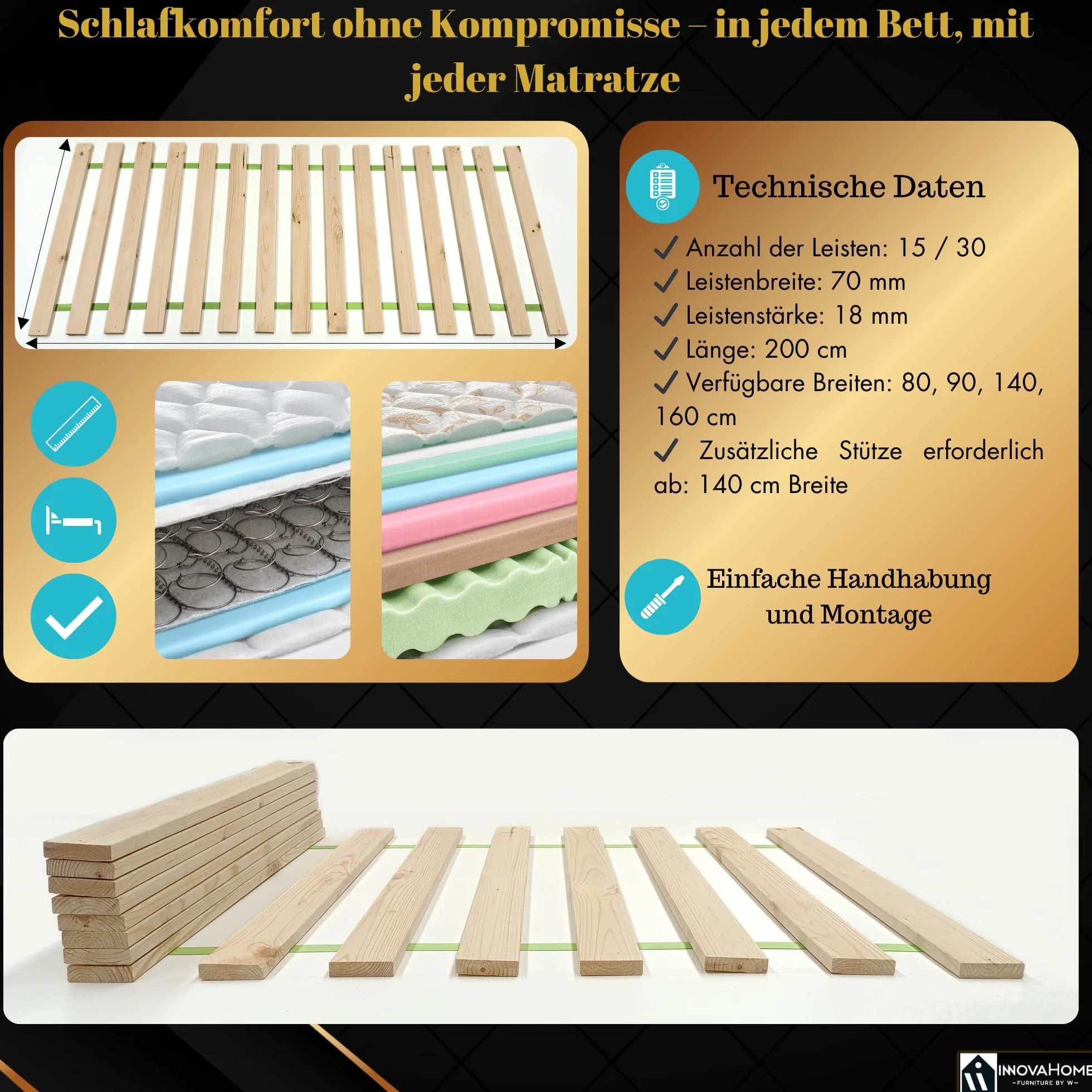 Rolowany Stelaż Listwowy 90x200 cm – 15 Listew z Litego Drewna Sosnowego, Stelaż do Łóżka o Nośności do 140 kg, Wytrzymały i Łatwy w Montażu, Wkręty w Zestawie