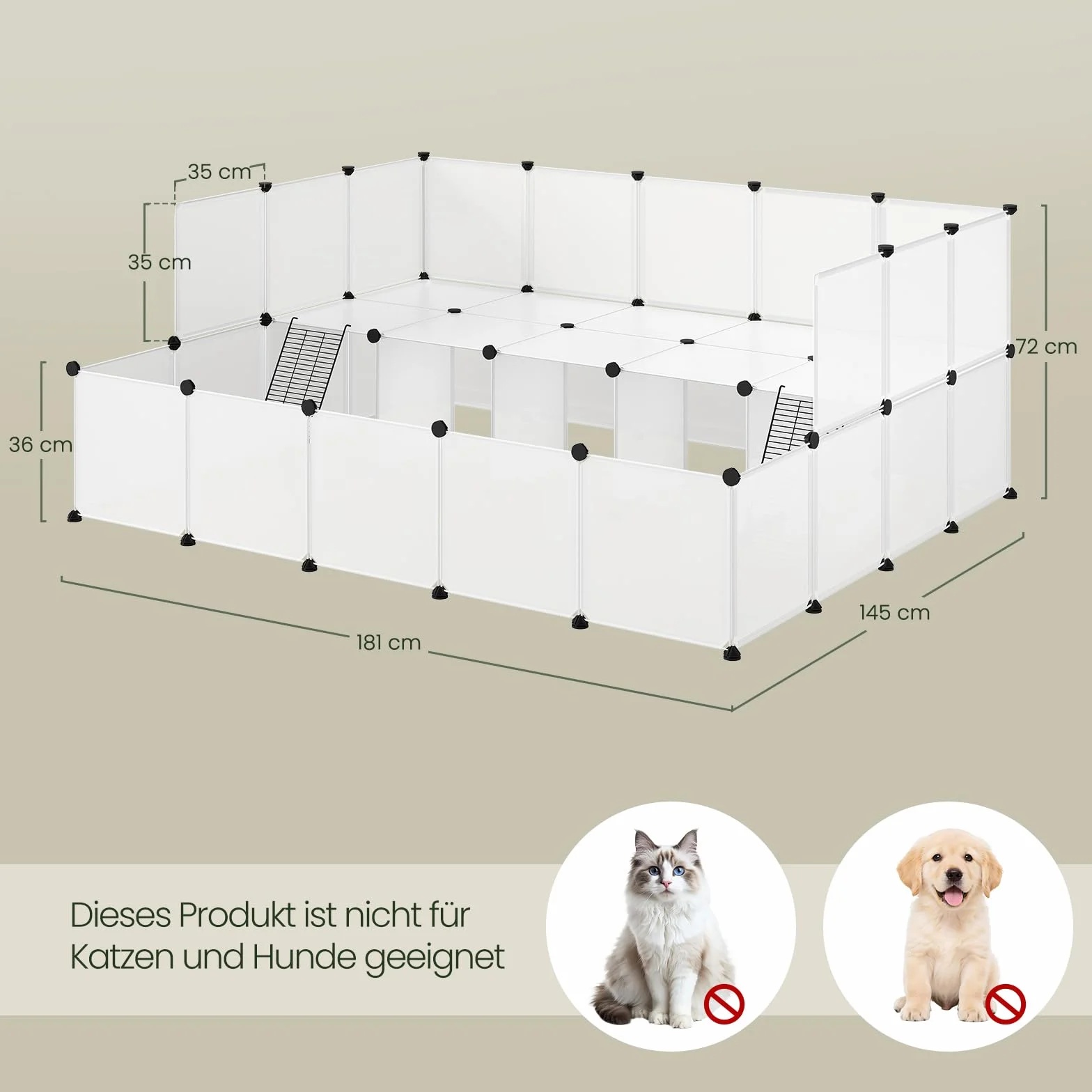 EUGAD Wybieg dla królików i świnek morskich modułowy 181x72x145 cm tworzywo sztuczne biały