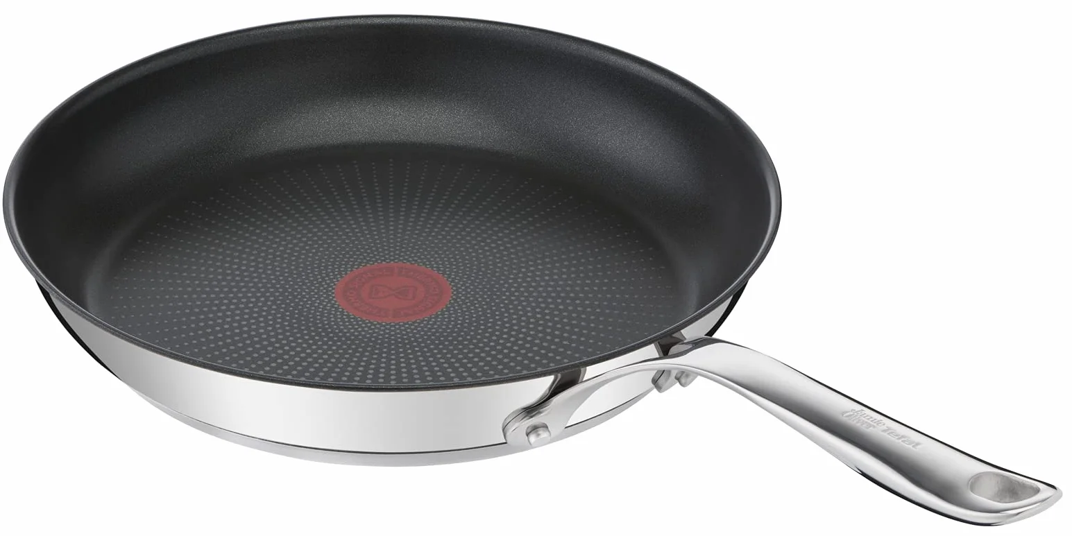 TEFAL E30406 Jamie Olivier Cooks Direct Patelnia 28 cm, stal nierdzewna, nieprzywierająca powłoka wzmocniona tytanem, wskaźnik Thermo Signal, nitowany uchwyt, do wszystkich kuchenek, srebrny/czarny