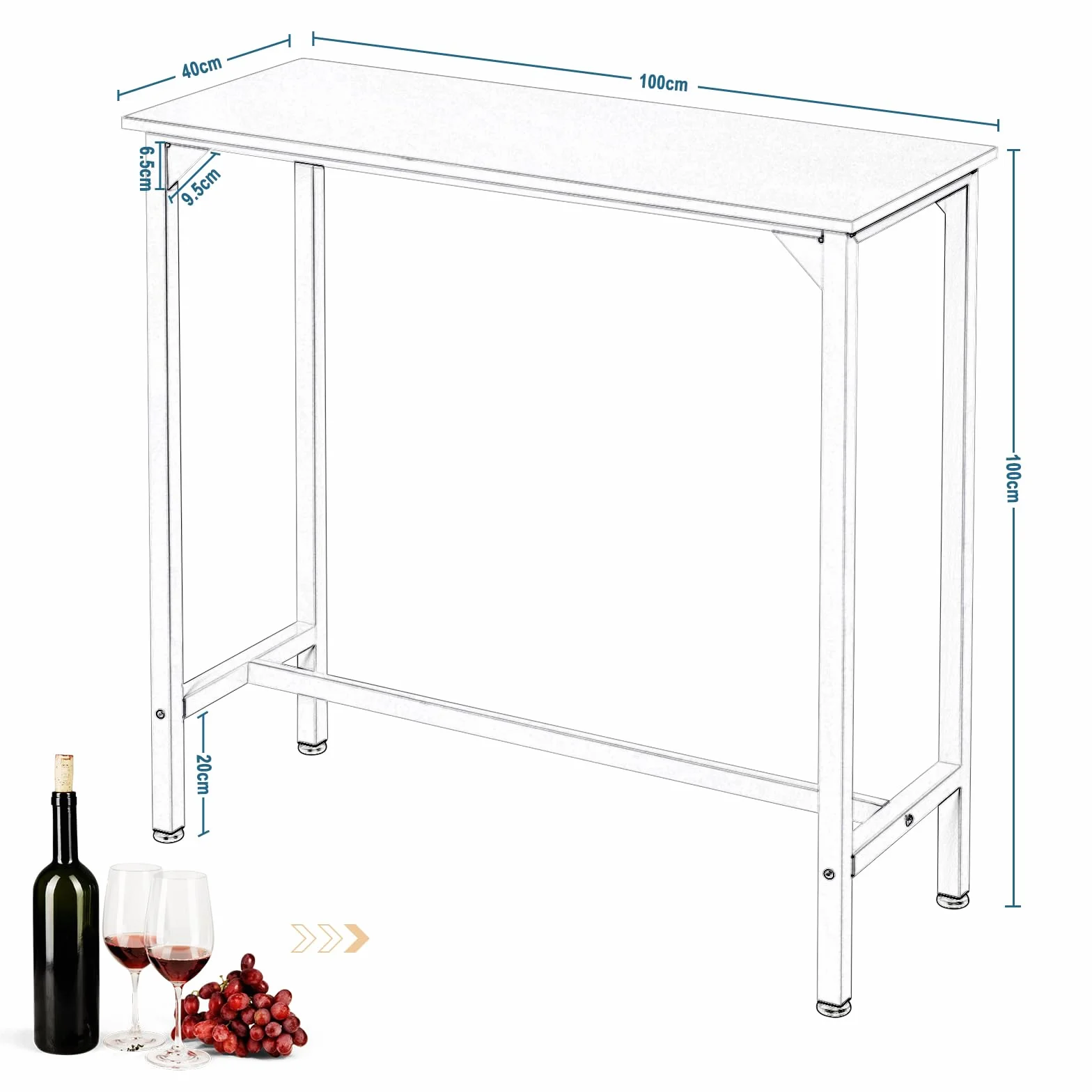 EUGAD Stół barowy 100 x 40 x 100 cm, wąski stolik stojący z metalu i drewna, wysoki stół kuchenny, stół wysoki, do kuchni, baru, bistro