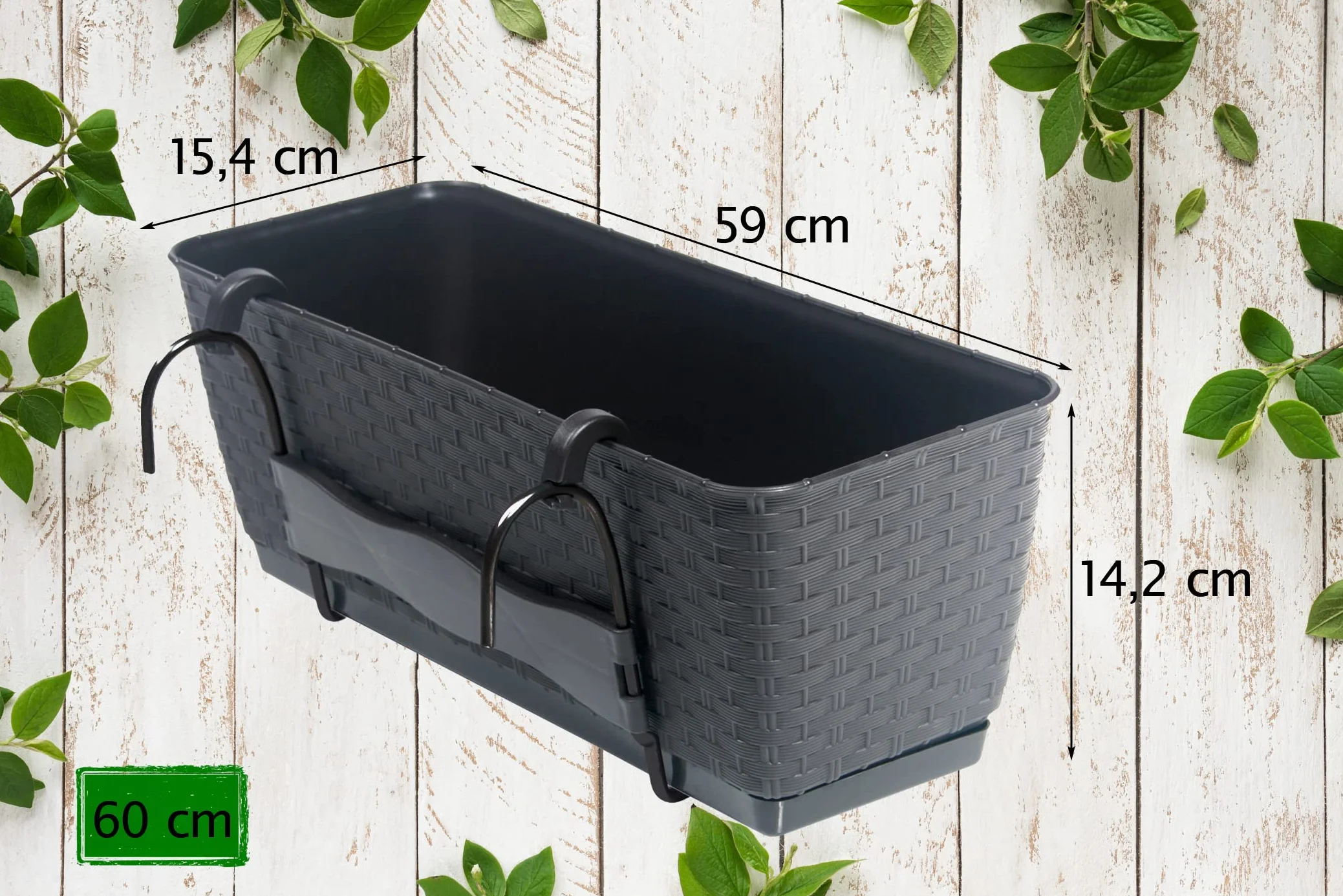 Tymar Skrzynki na kwiaty na balkon, balustrada, 2 sztuki, wygląd rattanu, w zestawie system nawadniania (2 sztuki) brązowe; 60 cm)