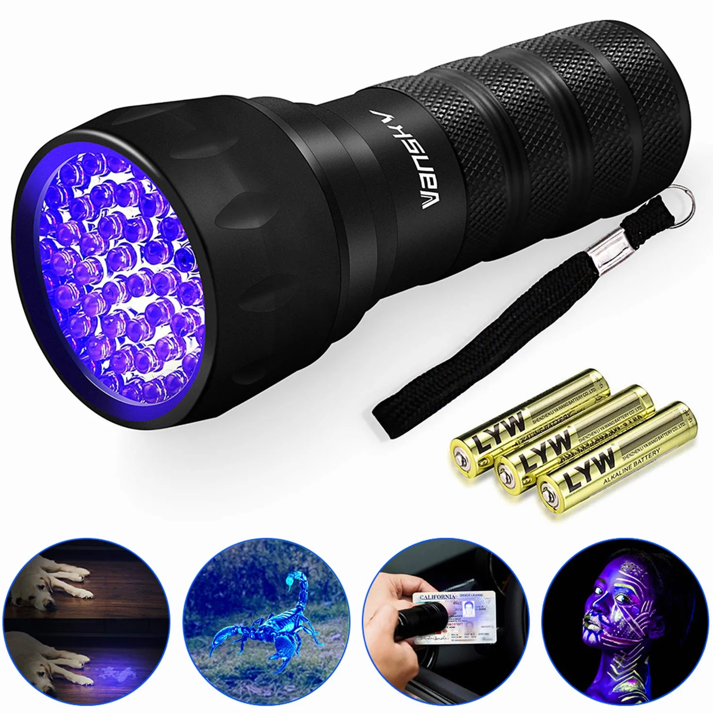 Vansky Latarka UV, 21 diod LED, czarne światło UV do wykrywania moczu zwierząt domowych, wykrywacz czarnego światła do moczu psa, plam zwierząt domowych, pluskiew na dywanie / dywanach 【3 baterie AAA