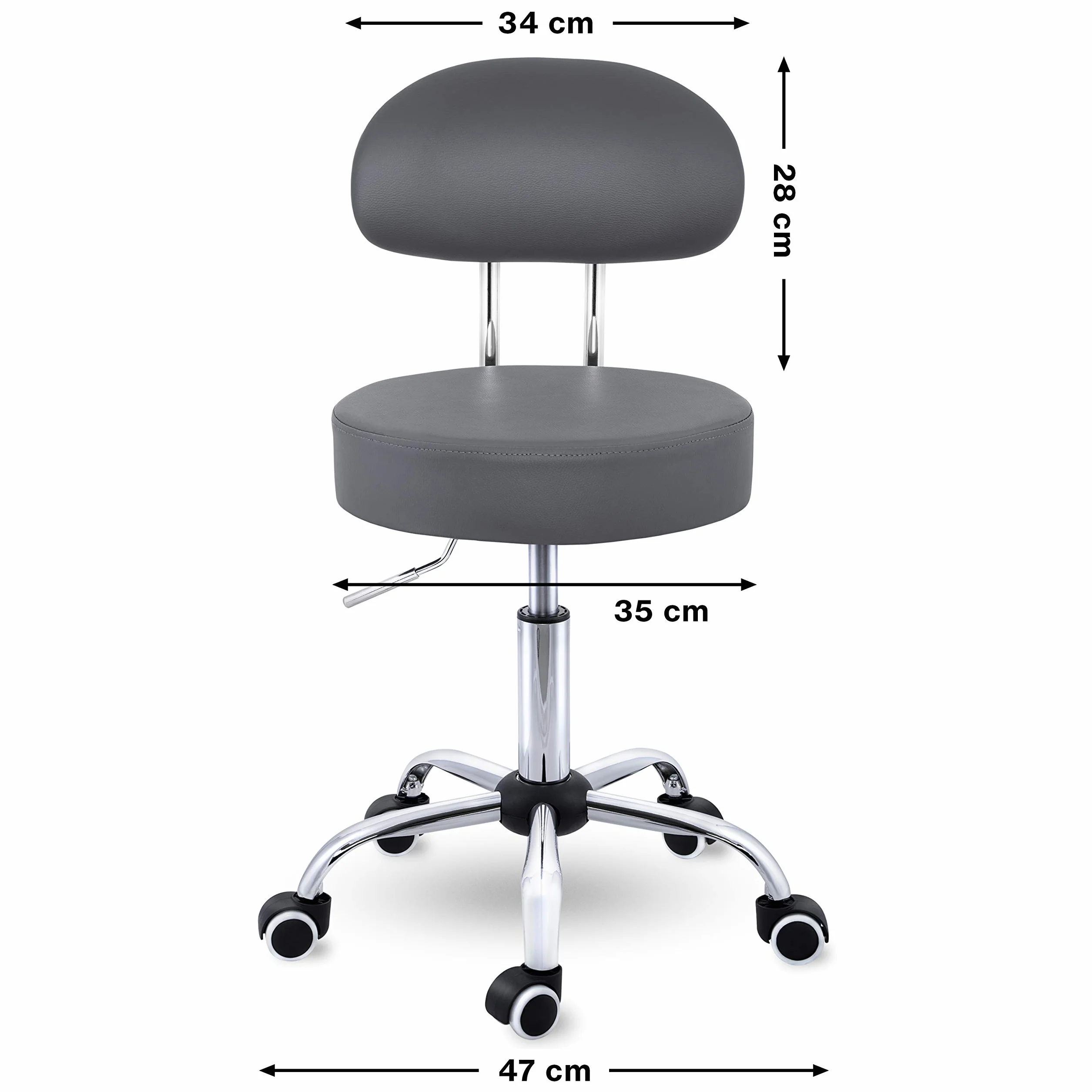 TRESKO® Taboret na kółkach z oparciem, szary, regulacja wysokości 47-60 cm, obrotowy z kółkami, krzesło biurowe, stołek obrotowy
