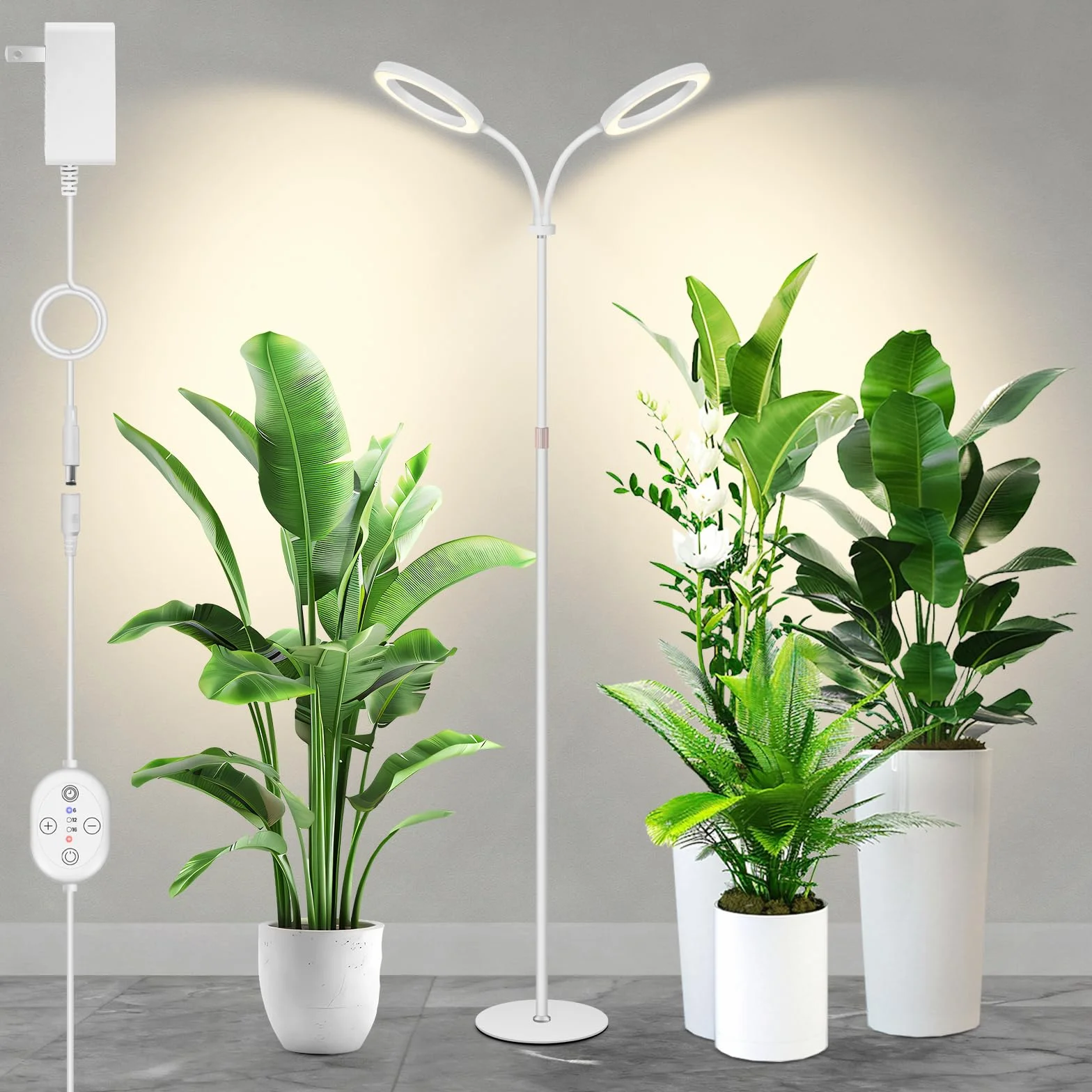 Duża 24V lampa do roślin do uprawy w pomieszczeniach, pełne spektrum z 660 nm, LED LUMILEDS, 2×16 cm lampy z timerem i ściemnianiem, wysokość 56–178 cm, podstawa 22 cm, 30 W, 320 µmol/m²/s @15 cm