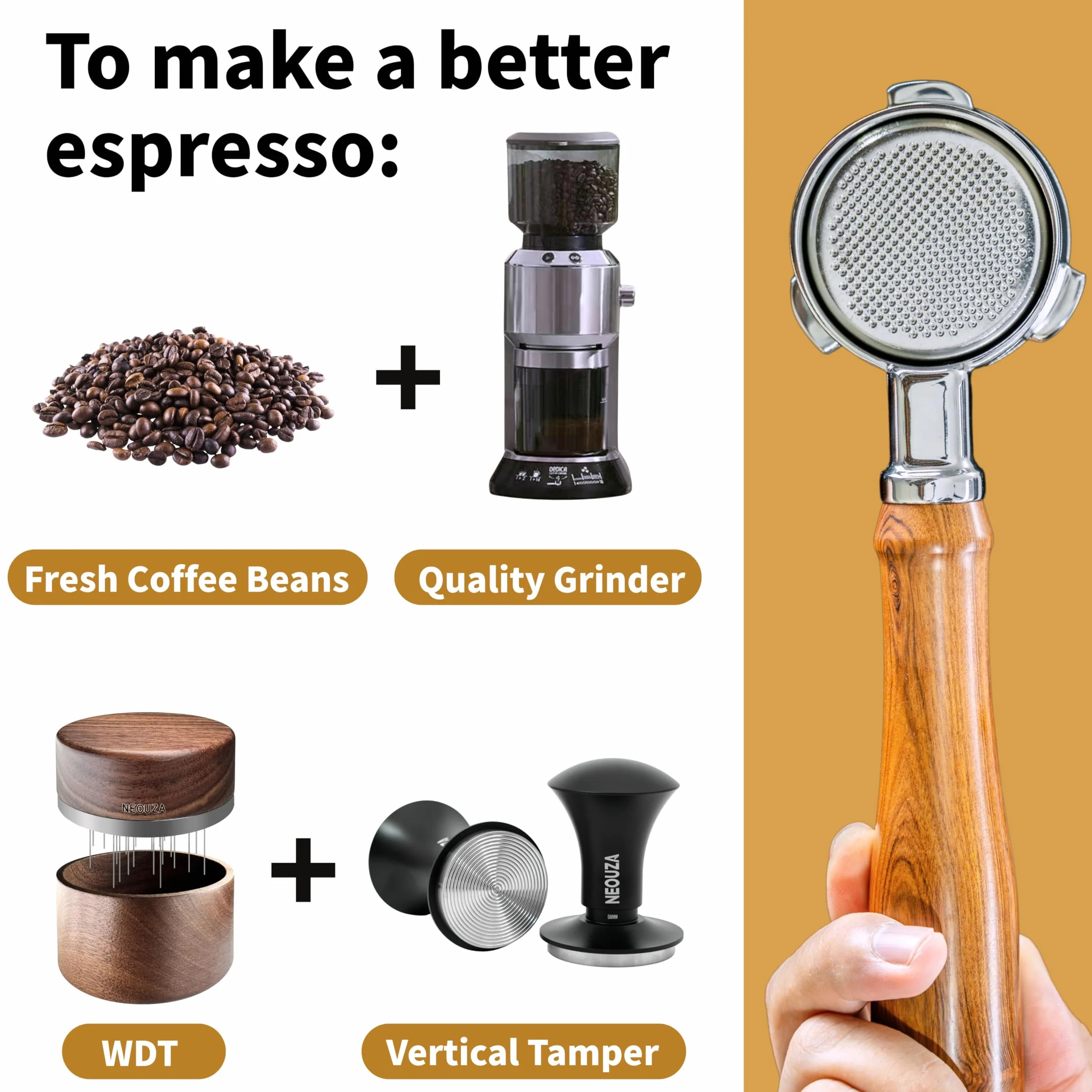 NEOUZA Portafilter do espresso, 51 mm, kompatybilny z ekspresem do kawy DeLonghi Dedica EC680 EC685 Smeg, kosz, bez ciśnienia, podwójne wylewki (3 uszy)