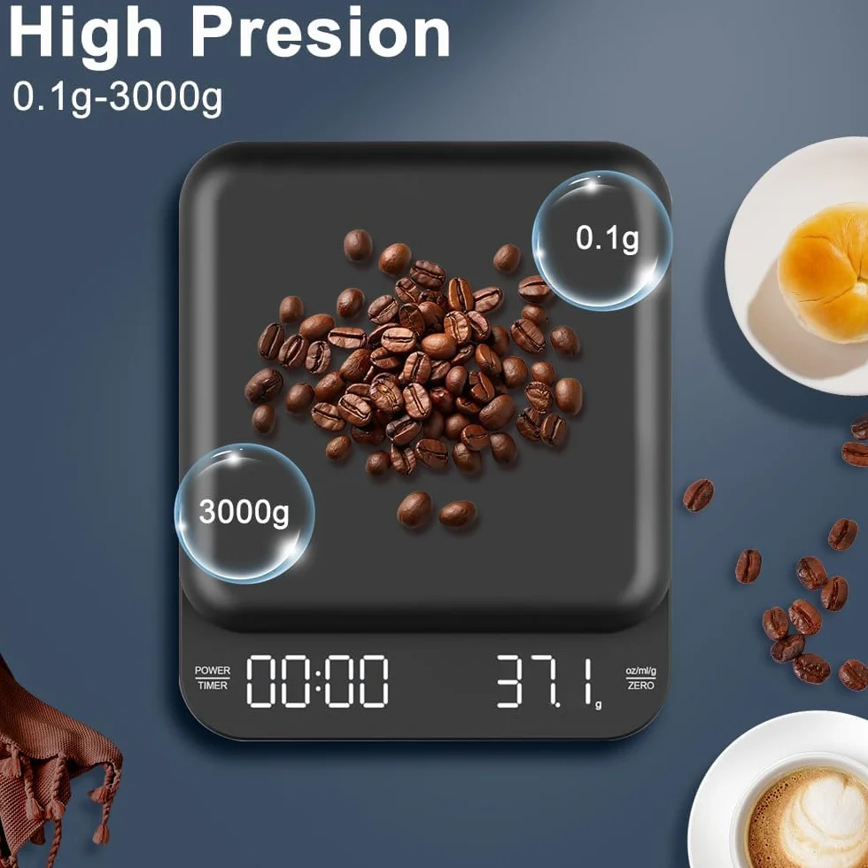 OBEST Cyfrowa mini waga do kawy z timerem, możliwość ponownego ładowania, 3 kg/0,1 g, wysoka precyzja, waga elektroniczna z ekranem LED, wodoszczelna, mała waga kuchenna, czarna