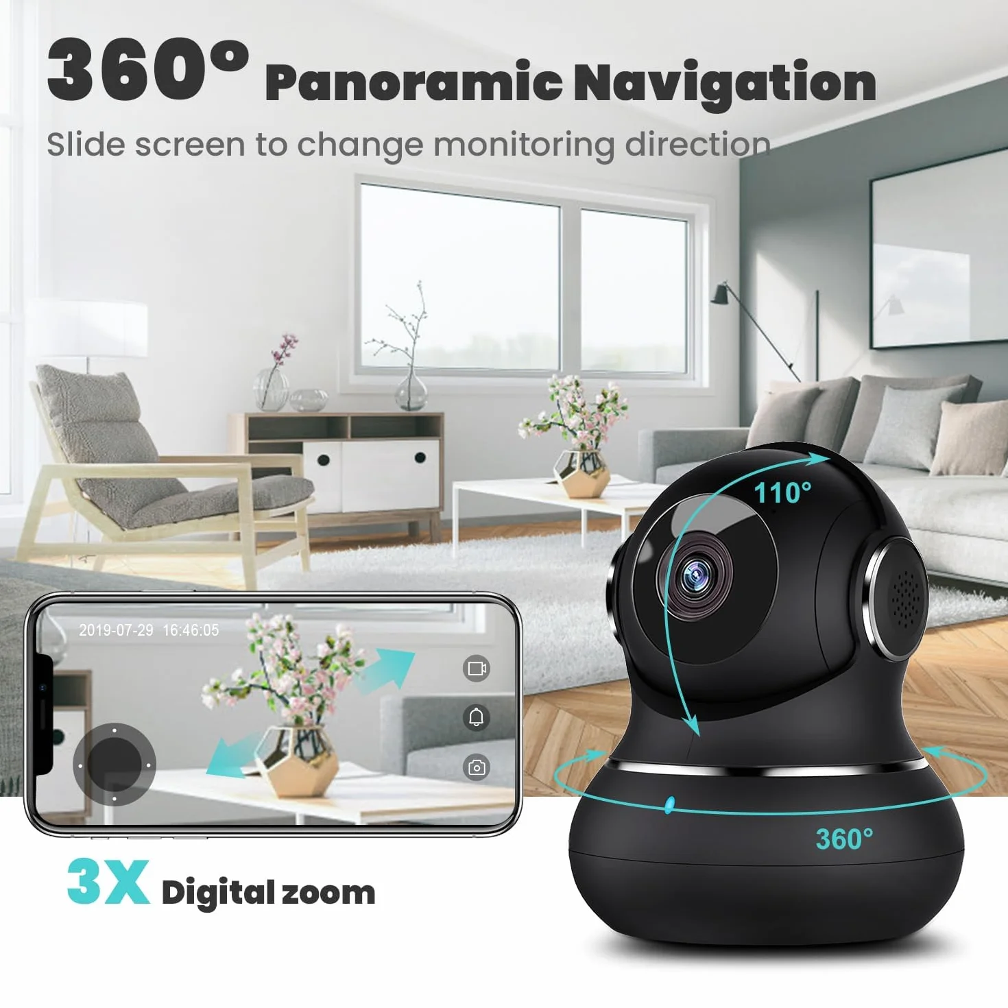 Little Elf Smart Kamera Monitoringowa 2K 360° z Czujnikiem Ruchu, Widoczność w Nocy, Dwukierunkowe Audio, Wi-Fi IP dla Psów, Kompatybilna z Alexa