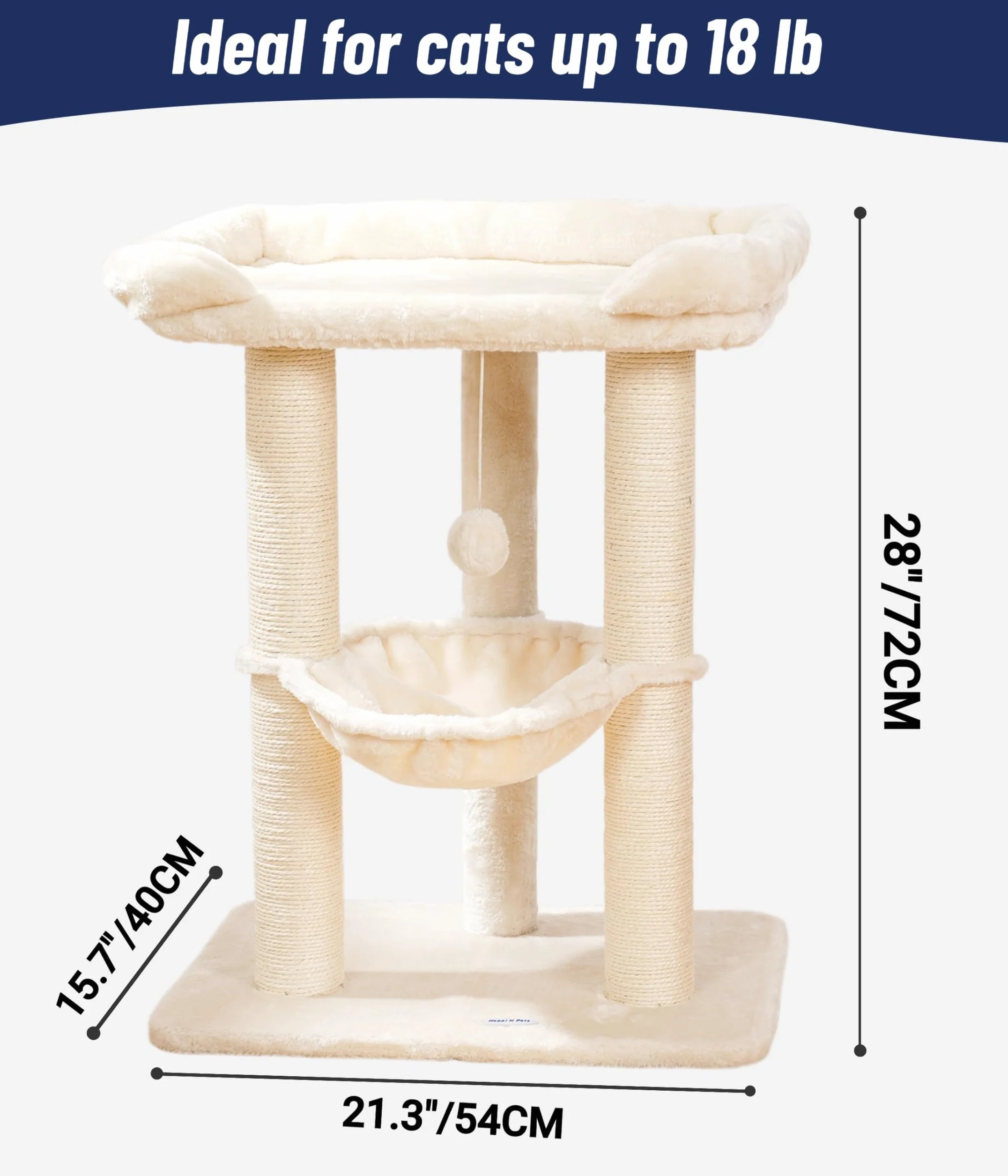 Happi N Pets Duża wieża dla kotów 71 cm drapak sizalowy z hamakiem dla dużych kotów Maine Coon