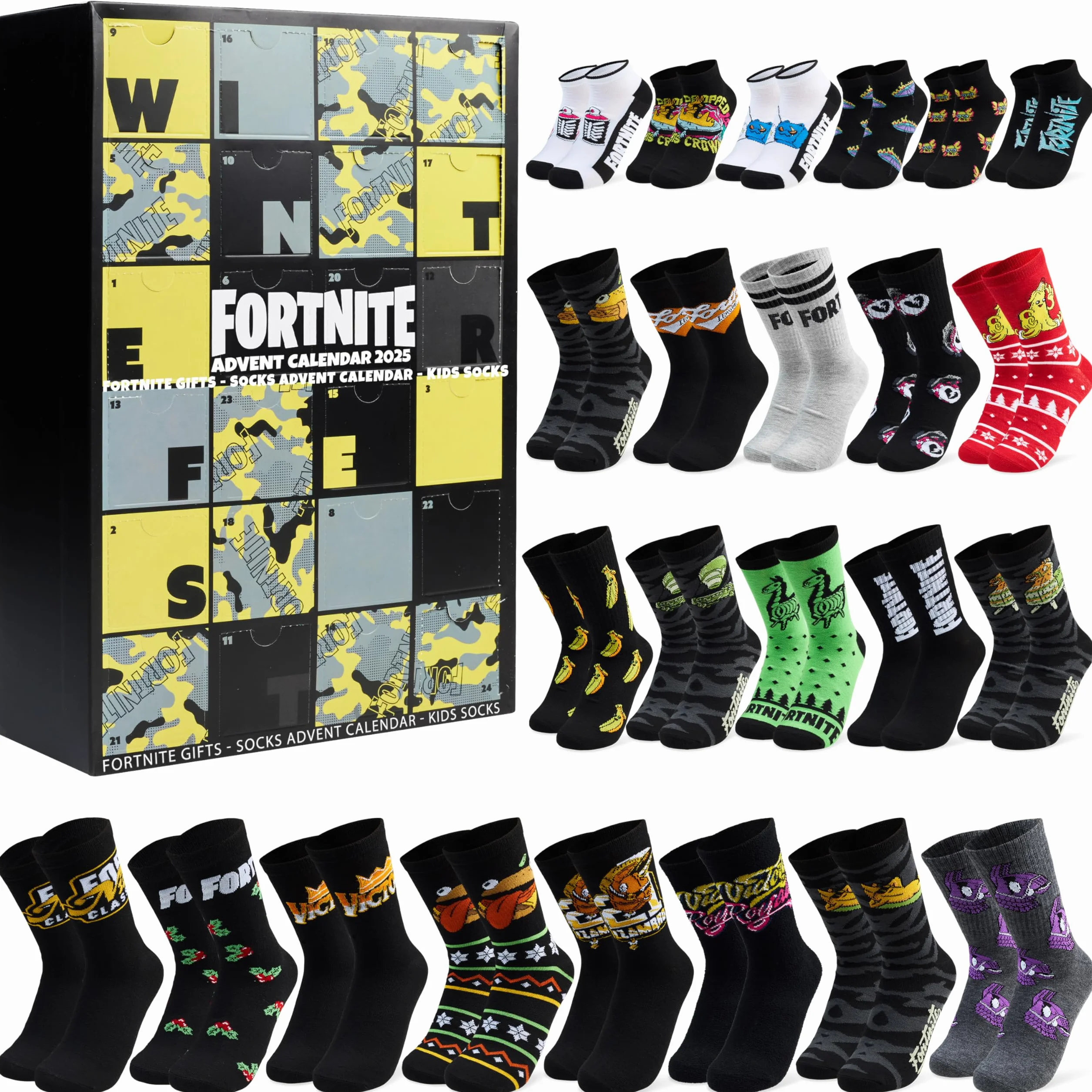 Get Trend Fortnite Skarpety Kalendarz adwentowy 2025 dla chłopców, nastolatków i mężczyzn, rozmiar 24-27 cm, 24 pary skarpet na co dzień i sport, odliczanie do Bożego Narodzenia, prezenty dla graczy