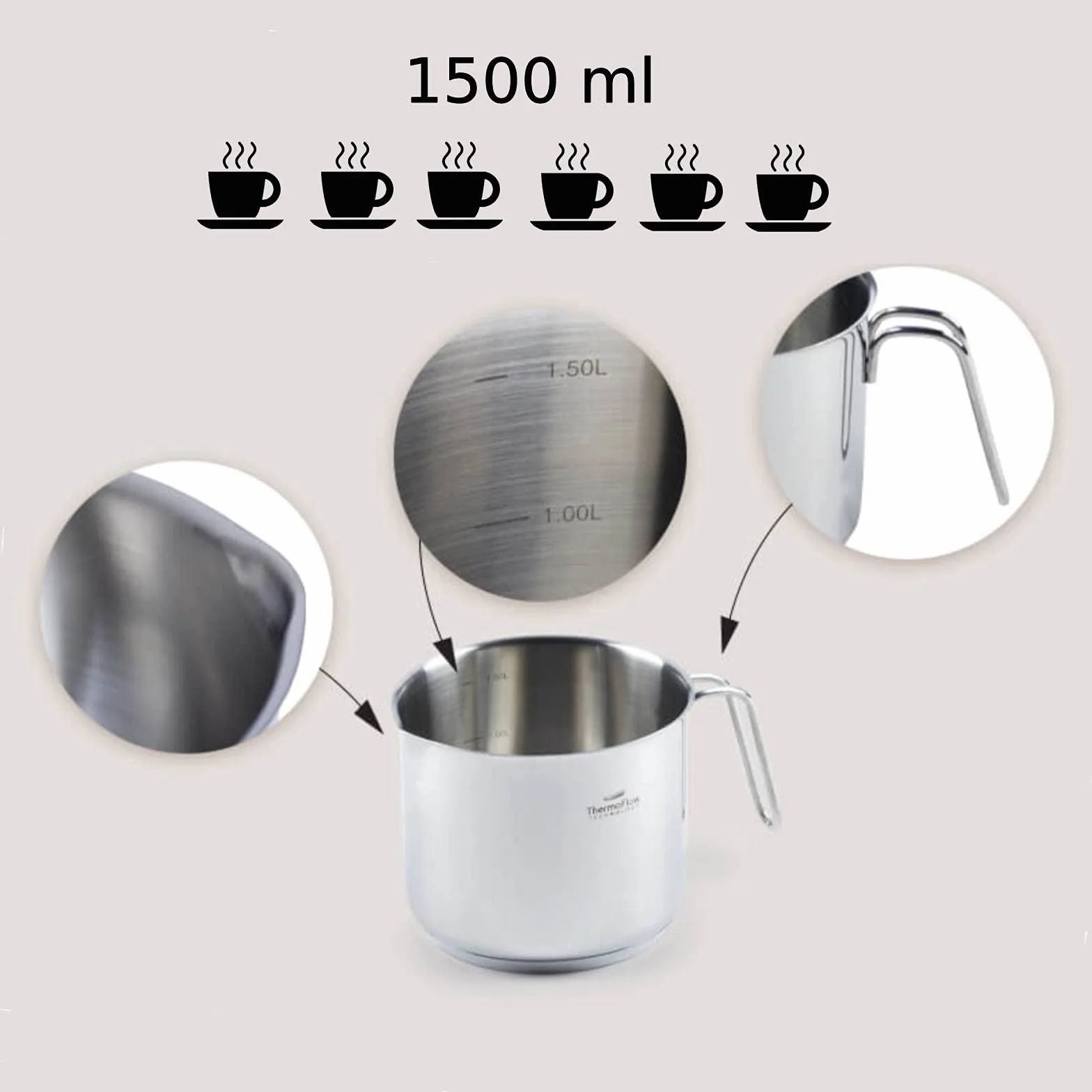 Rosmarino Garnek do mleka, ze stali nierdzewnej 1500 ml, do kuchenek indukcyjnych, nowoczesny garnek do mleka z 3-warstwowym stalowym dnem