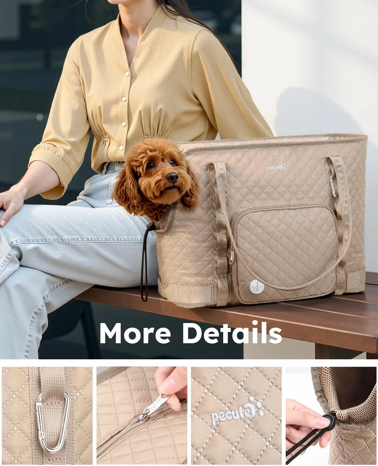 pecute Torba dla małych psów, 5 kg, torba do noszenia psa, lekka, składana, torba transportowa dla psów, torba transportowa na podróż, khaki, XL
