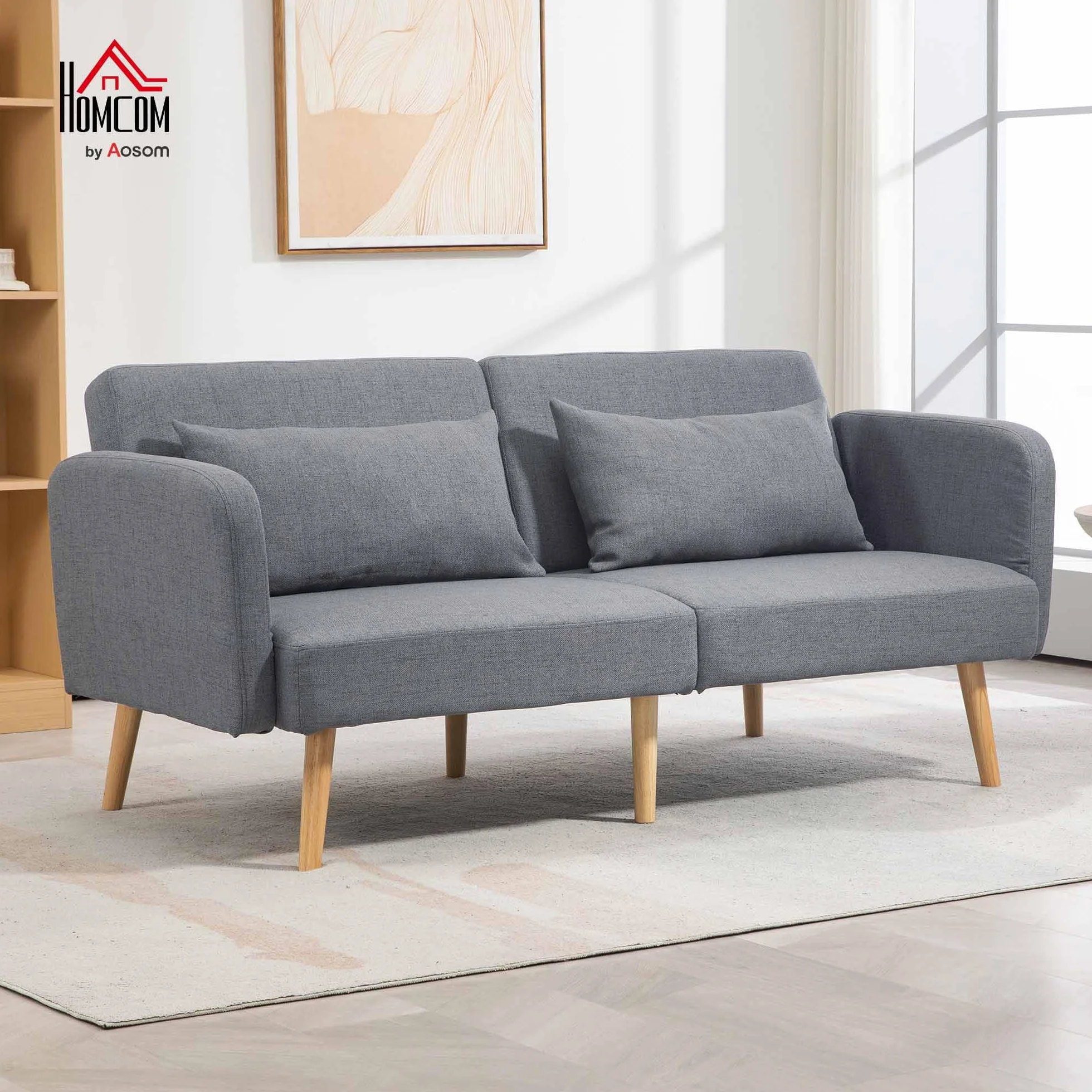 HOMCOM Sofa do spania, 2-osobowe łóżko składane z funkcją łóżka, 2 poduszki do rzucania, 3-osobowa sofa tapicerowana z regulowanym oparciem, wygląd lnu, do salonu, sypialni, 170 x 83 x 80 cm, szara
