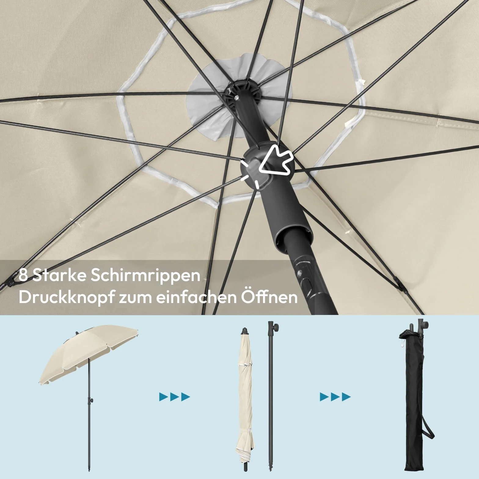 Laneetal Parasol plażowy φ135/155/175 cm, osłona przeciwsłoneczna z ochroną UV UPF 50+, regulacja wysokości i nachylenia, przenośny z torbą, wentylowany okrągły parasol do balkonu/ogrodu/plaży