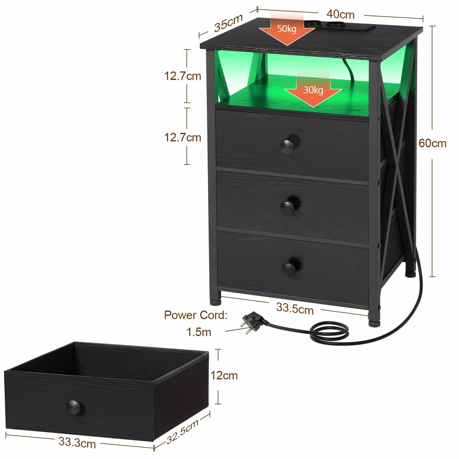 AMHANCIBLE Stolik nocny z LED, stolików nocnych z stacją ładującą, stolik boczny z 3 szufladami z materiału, szafka nocna z otwartą komorą, do salonu, sypialni, gabinetu, czarny HET053LBK-1