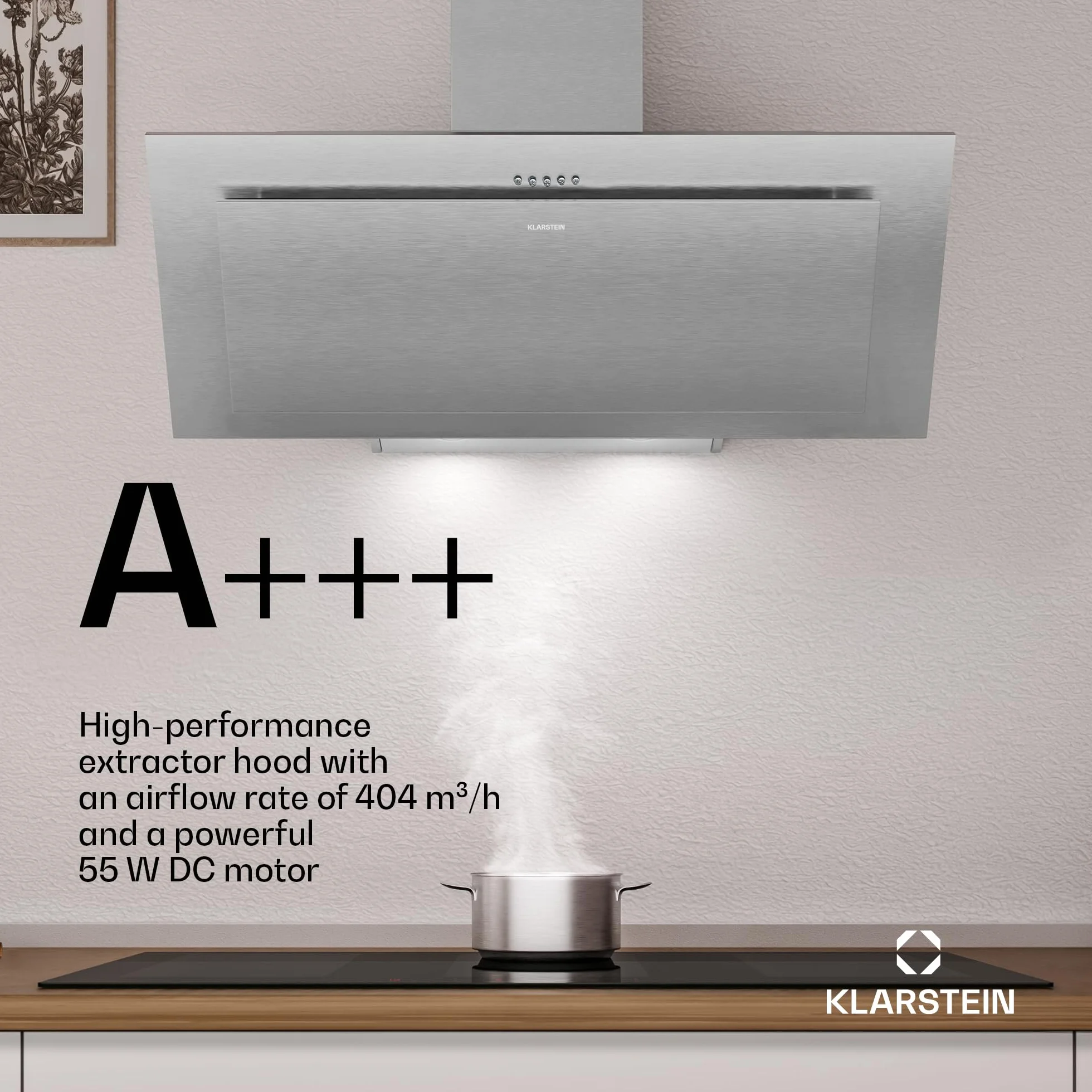 Klarstein Athena Kopffreihaube 90 cm – 254 m³/h, A+++, LED-Beleuchtung, 3 Stufen & Boost, Abzugshaube Küche, Umluft & Abluft, leise, Aluminium- & Aktivkohlefilter, modernes Design, Edelstahl