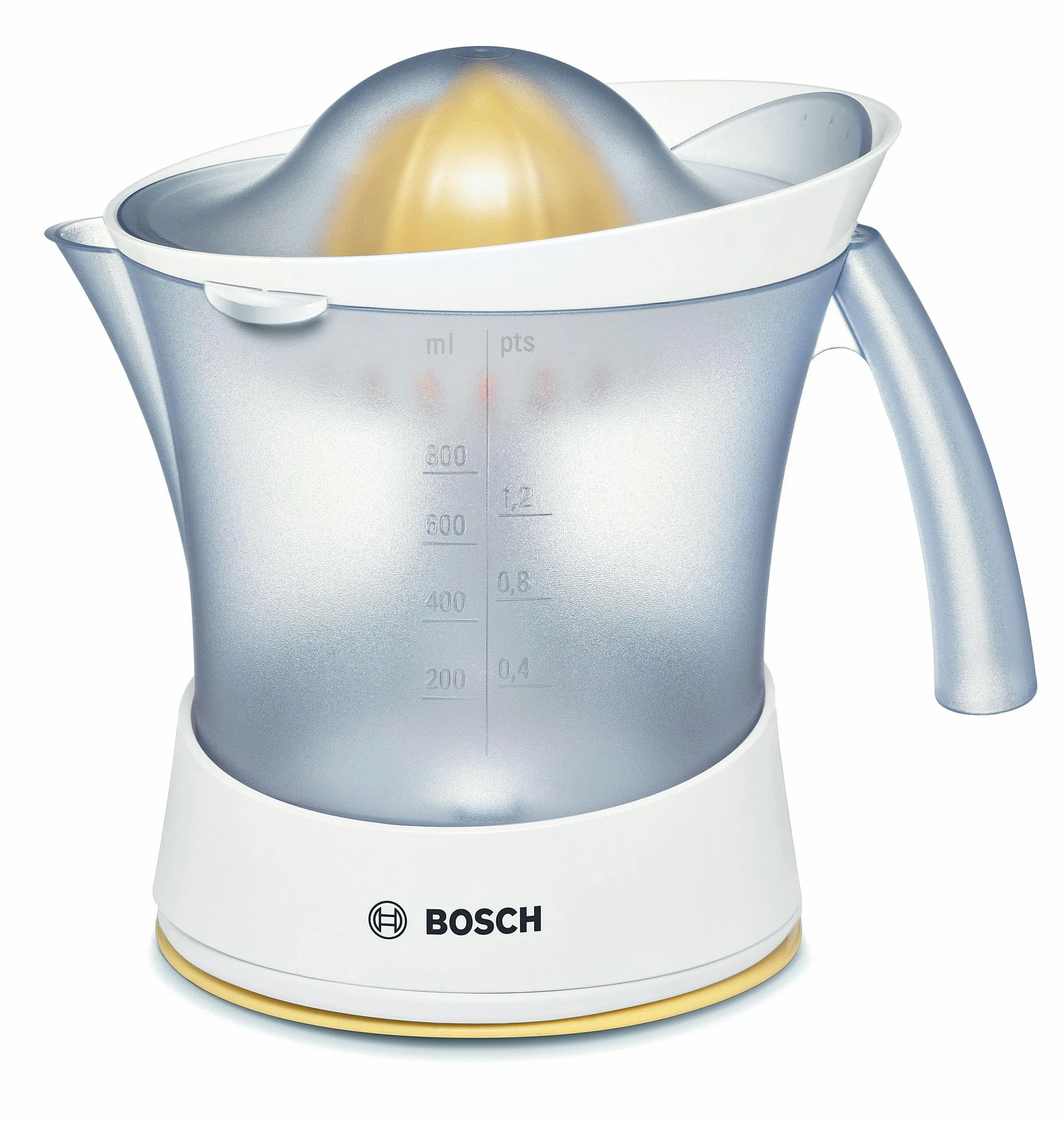 Bosch Wyciskarka do cytrusów VitaPress MCP3500N, uniwersalna wyciskarka do małych i dużych owoców, wysoka wydajność, pojemnik na sok 0,8 l, możliwość mycia w zmywarce, 25 W, biało-żółta
