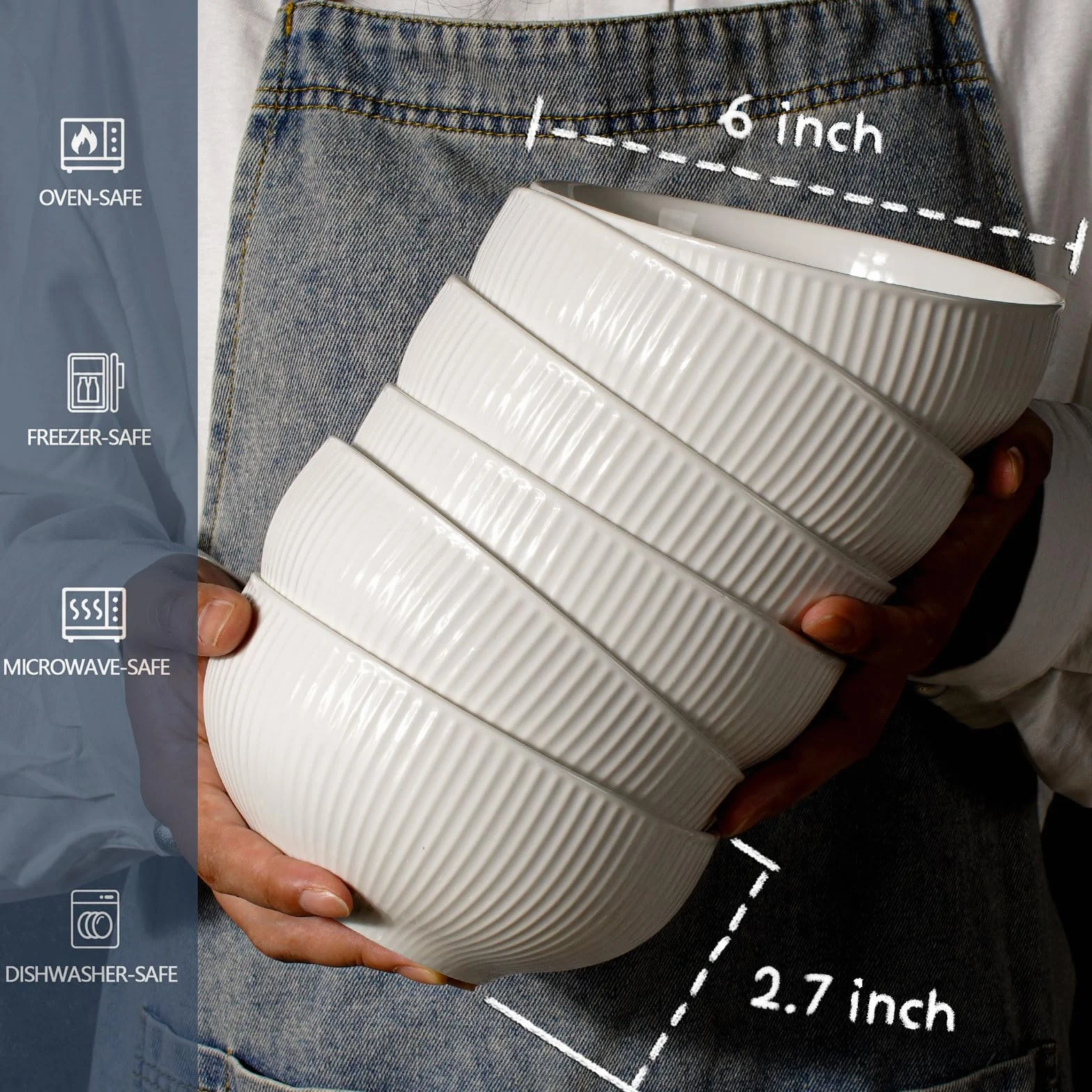 Artena Ceramiczne miski na musli, 740 ml, wytłaczane miski do zupy, zestaw 6 sztuk, białe miski do sałatek do kuchni, miski obiadowe 15 cm na śniadanie, płatki owsiane, ryż, makaron, zmywarka,