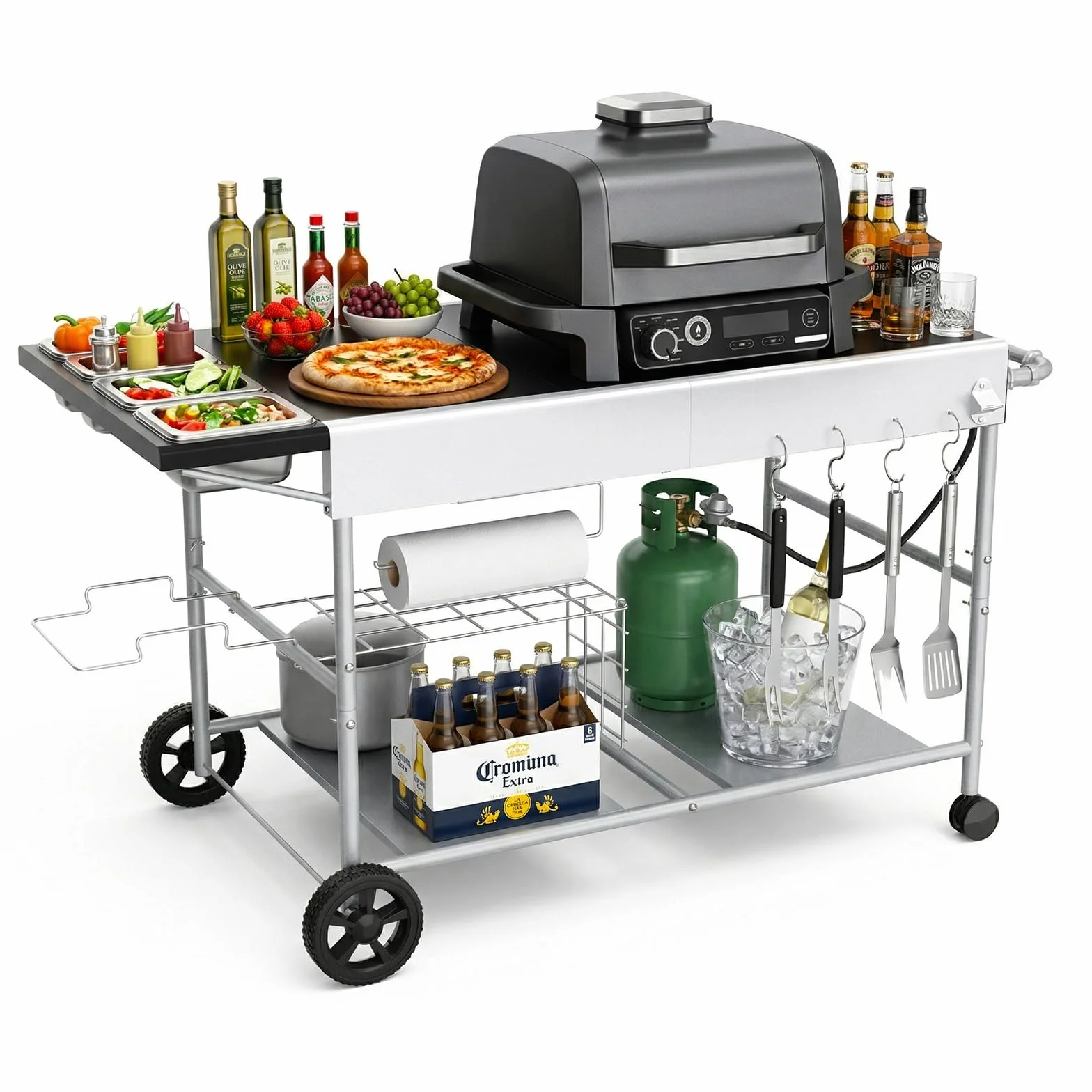 Denmay Wózek grillowy do grilla Weber z serii Q, Ninja Woodfire, piec do pizzy, grill stołowy, do pizzy, piekarnika do pizzy, wózek do serwowania z dużą powierzchnią roboczą, stół do grillowania