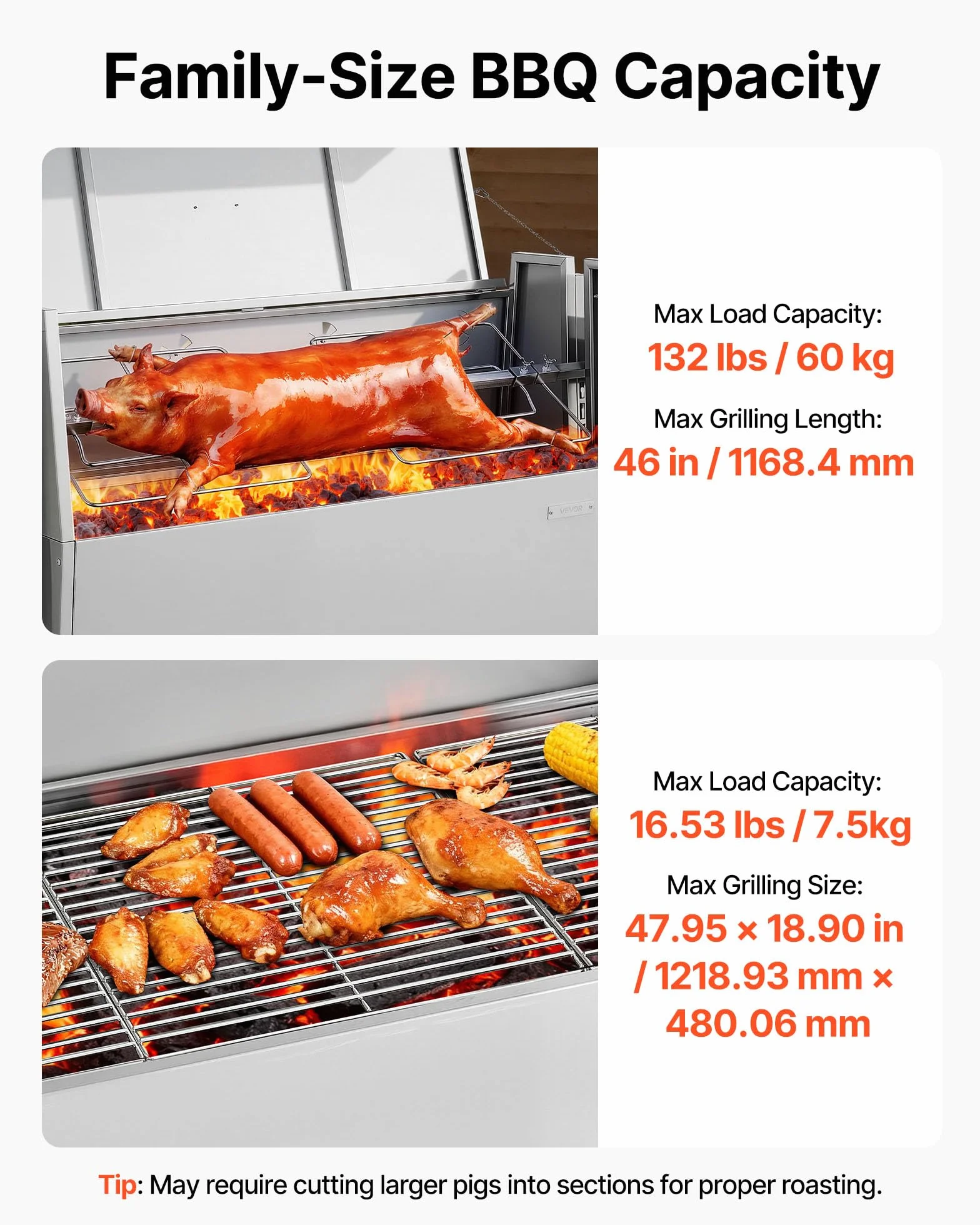VEVOR Grill do rożna, 117 cm, grill na zewnątrz dla świni i jagnięciny, palarnia na węgiel drzewny o pojemności 59 kg, kółka i 4-poziomowa wysokość, zestaw do grillowania rożna ze stali nierdzewnej