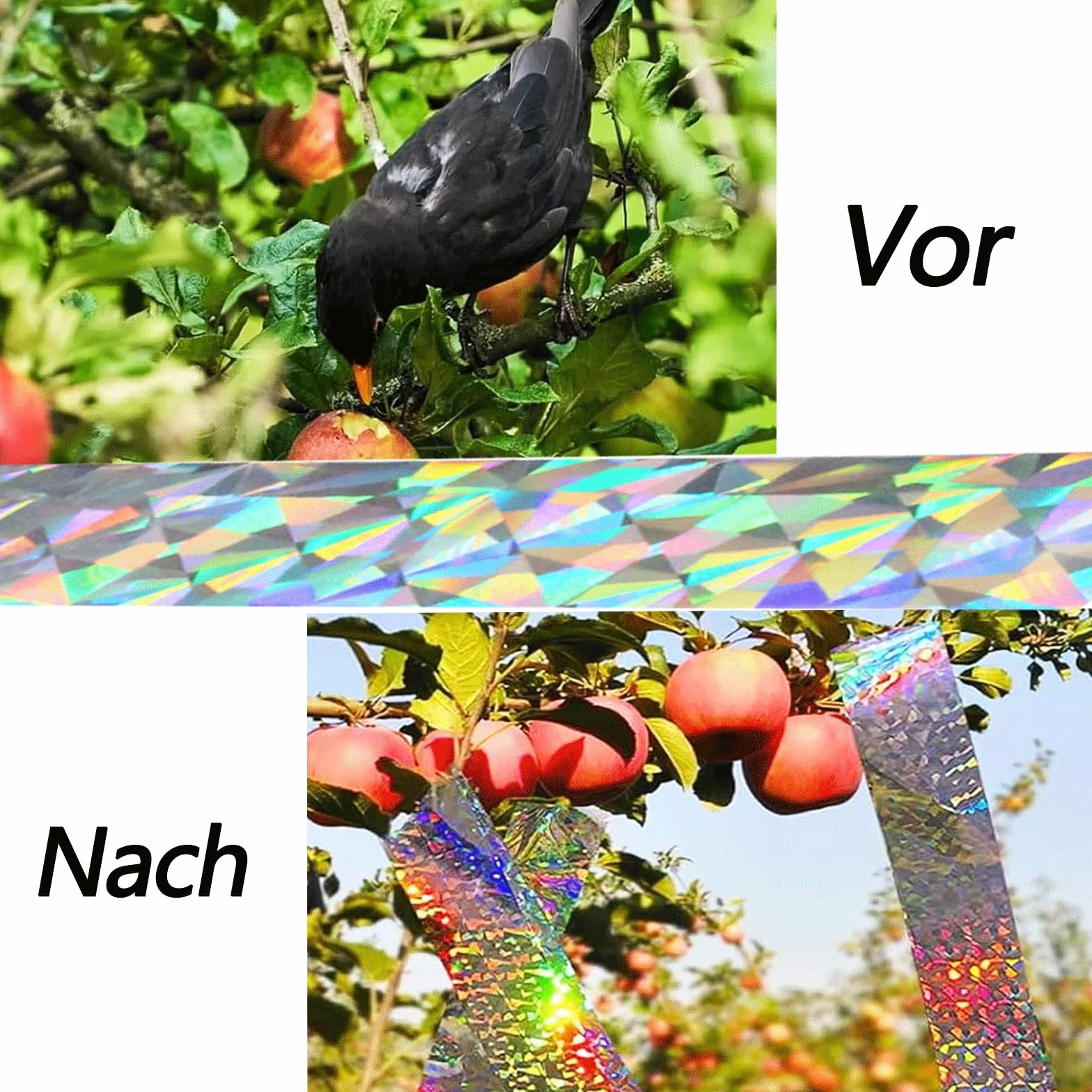 Catelves Taśma odstraszająca ptaki, 4 rolki, 50 m x 2,4 cm, odstraszacz ptaków, taśma odstraszająca ptaki, na balkon, dwustronna taśma odblaskowa, odstraszacz ptaków, gołębi do ogrodu, podwórka (kolor