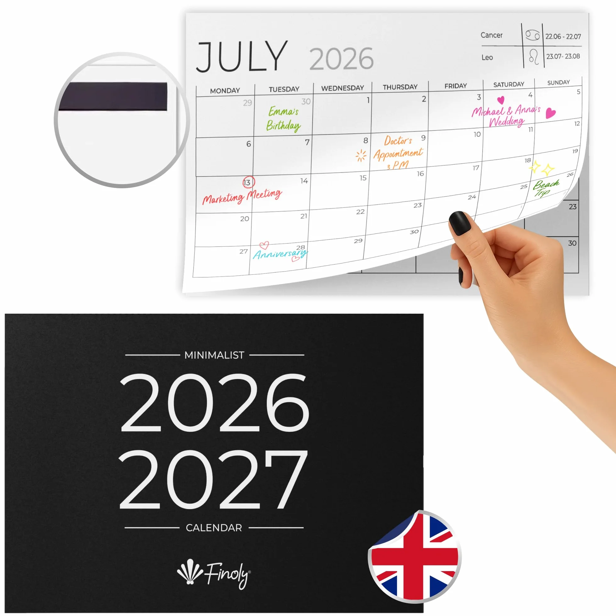 Finoly Magnetyczny Kalendarz na Lodówkę w Języku Angielskim Styczeń 2026 – Czerwiec 2027 (18 Miesięcy) | Kalendarz na Lodówkę 2026 | Kalendarz Miesięczny