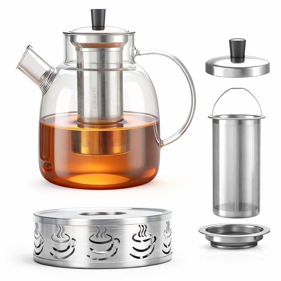 Dzbanek do herbaty szklany z podgrzewaczem, 1,8 l, dzbanek do herbaty z podgrzewaczem, dzbanek na herbatę z sitkiem, szklany dzbanek do herbaty z podgrzewaczem i podgrzewacz do herbaty ze