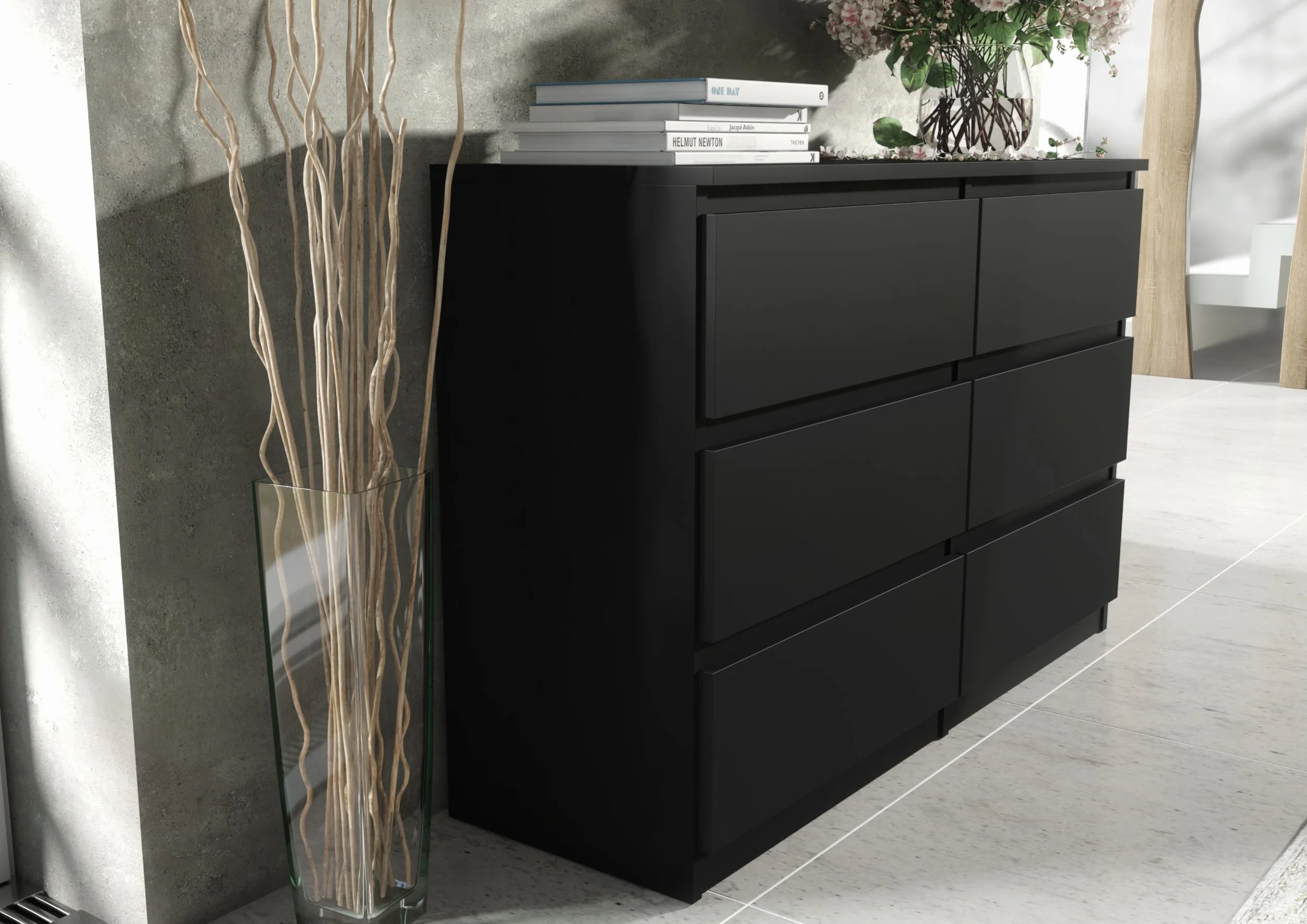 meble masztalerz Komoda Czarna Mat z 6 szufladami - 120x78,5x39 cm - Komoda do salonu, sypialni - Szafka z szufladami - Komoda z szufladami - 120 cm