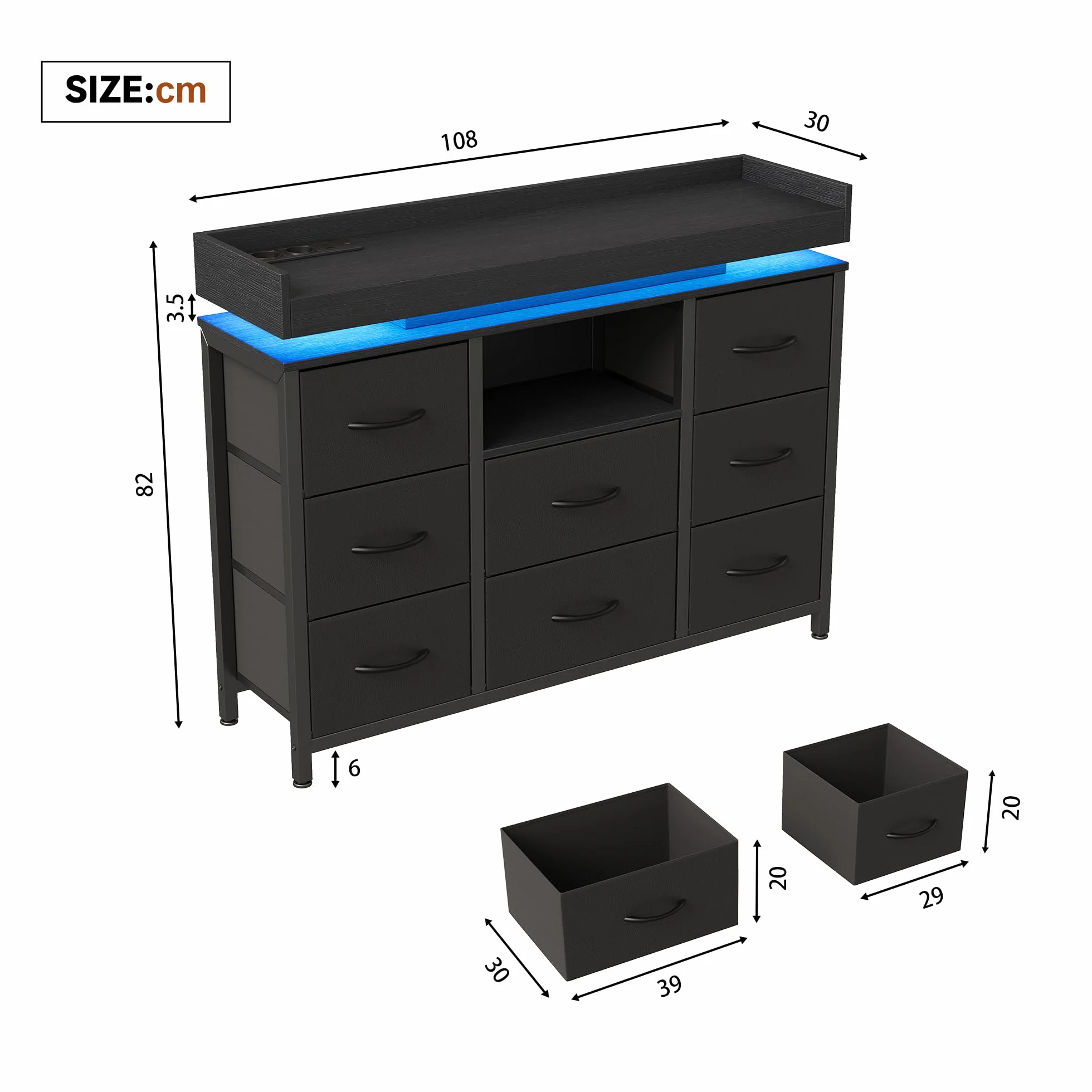 komoda z oświetleniem LED, komoda z 8 szufladami i otwartą półką, szafka w stylu vintage z 2 USB i 2 gniazdami AC, do sypialni, salonu, korytarza, stabilna z zabezpieczeniem przed przewróceniem