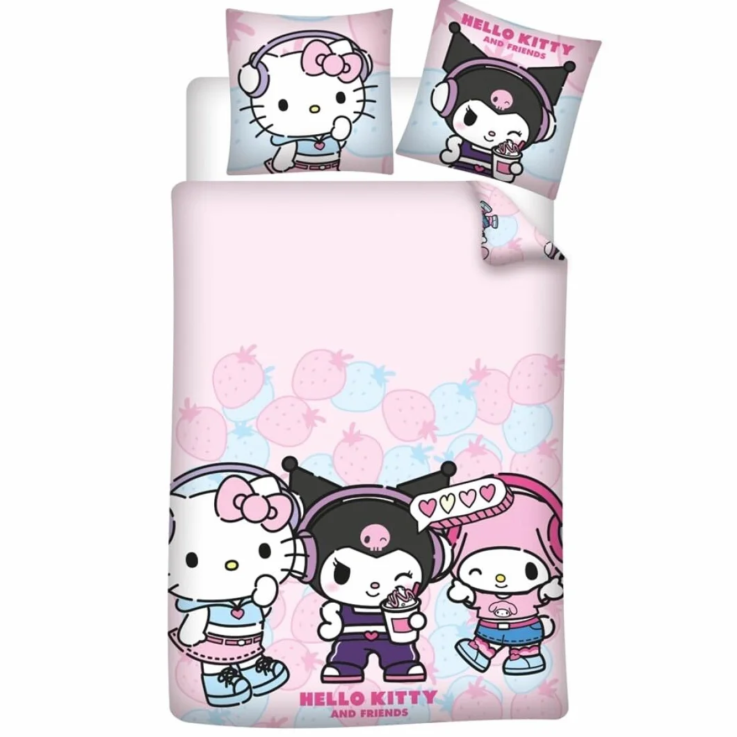 Aymax Zestaw pościeli Hello Kitty and Friends, bawełna poliestrowa, poszwa na kołdrę 135 x 200 cm + poszewka na poduszkę 80x80 cm, z Kuromi i My Melody