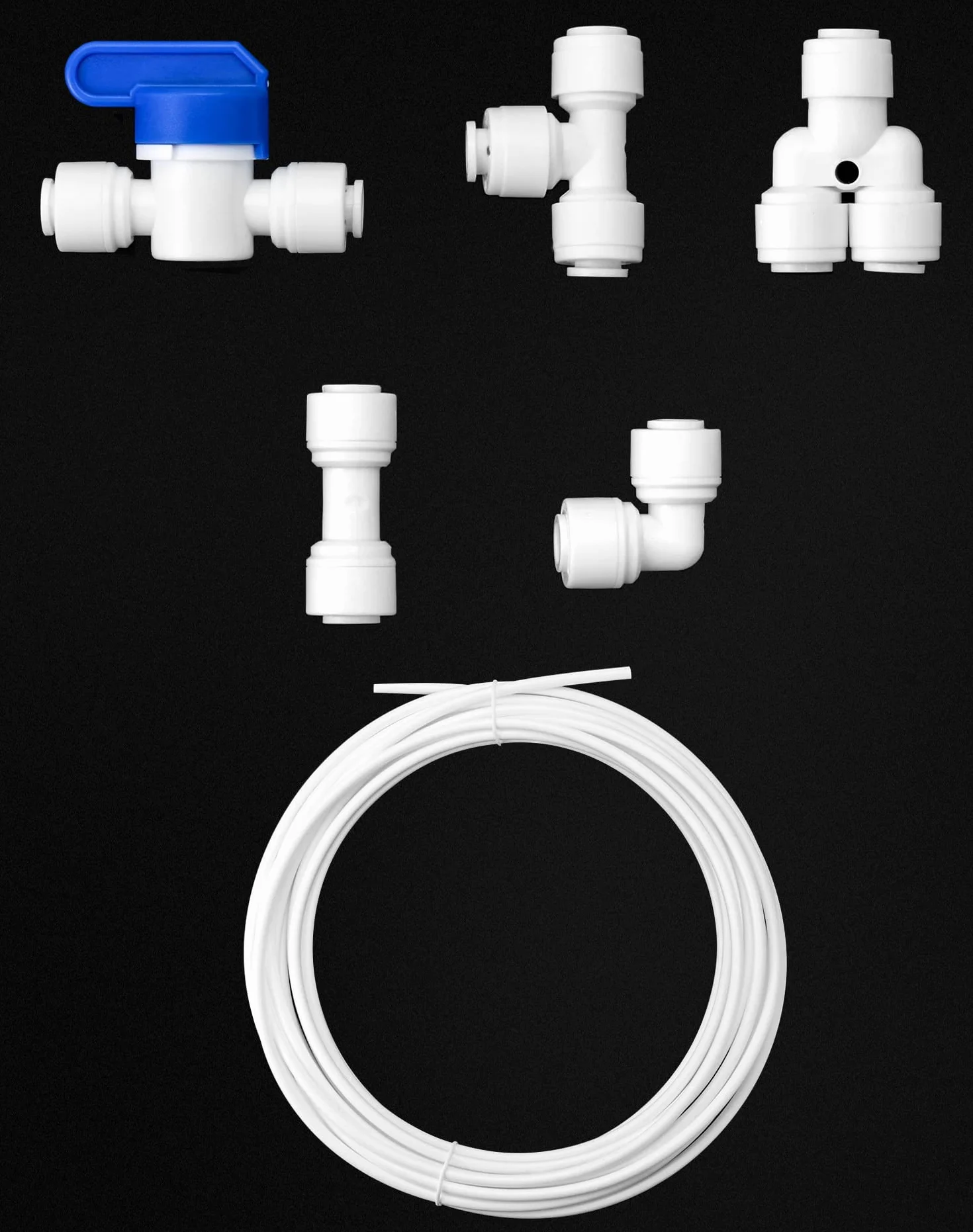 QWORK® 10m 6.35mm (1/4 ") Uniwersalny zestaw przyłączeniowy do rury wlotowej wody (Y + T + I + L typu Combo + zawór odcinający) z przecinakiem do węża, odpowiedni do większości zamrażarek