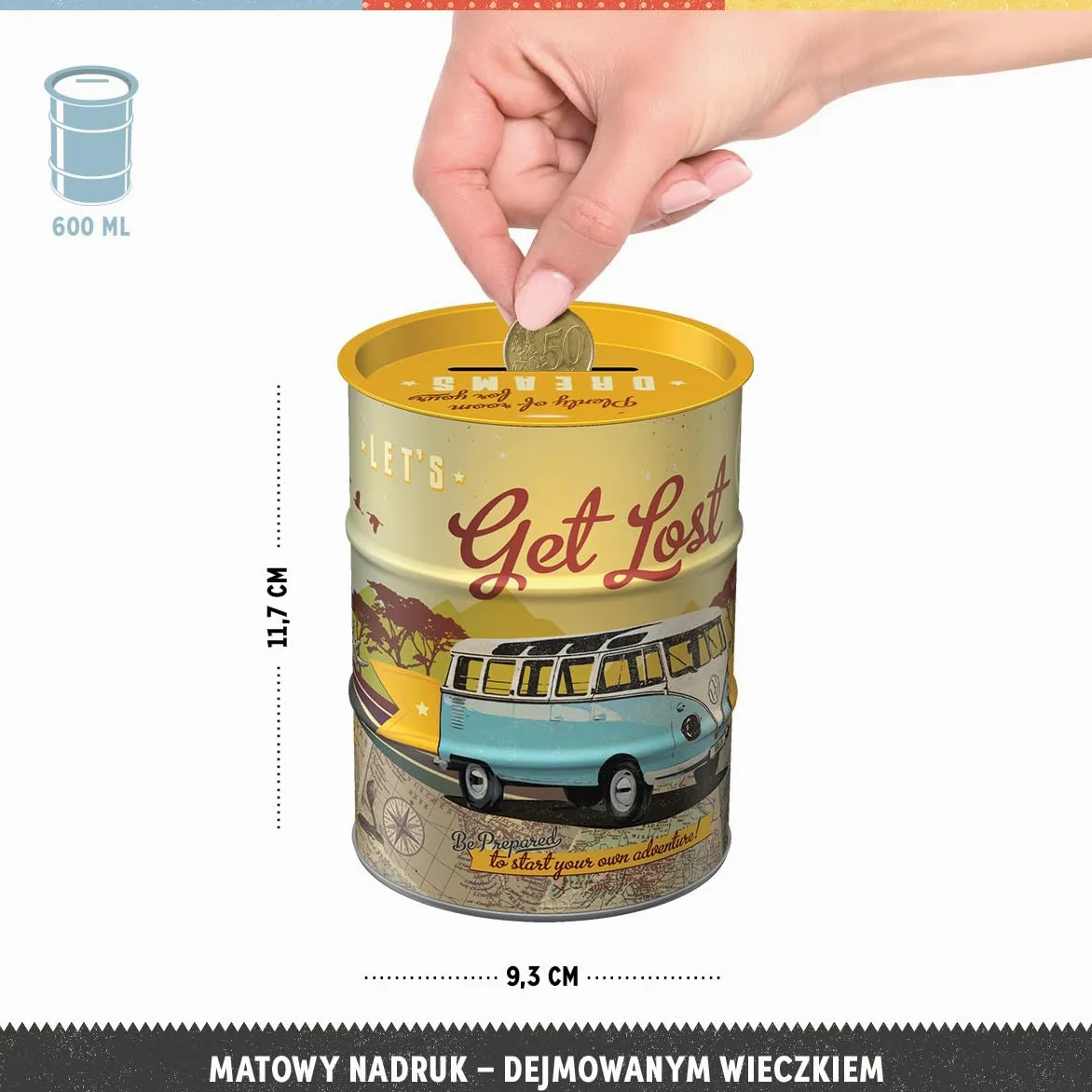 Nostalgic-Art Retro skarbonka, 600 ml, VW Bulli – Let's Get Lost – Pomysł na prezent dla miłośnika Volkswagena Busa, Official License Product (OLP), metalowa skarbonka, Styl vintage