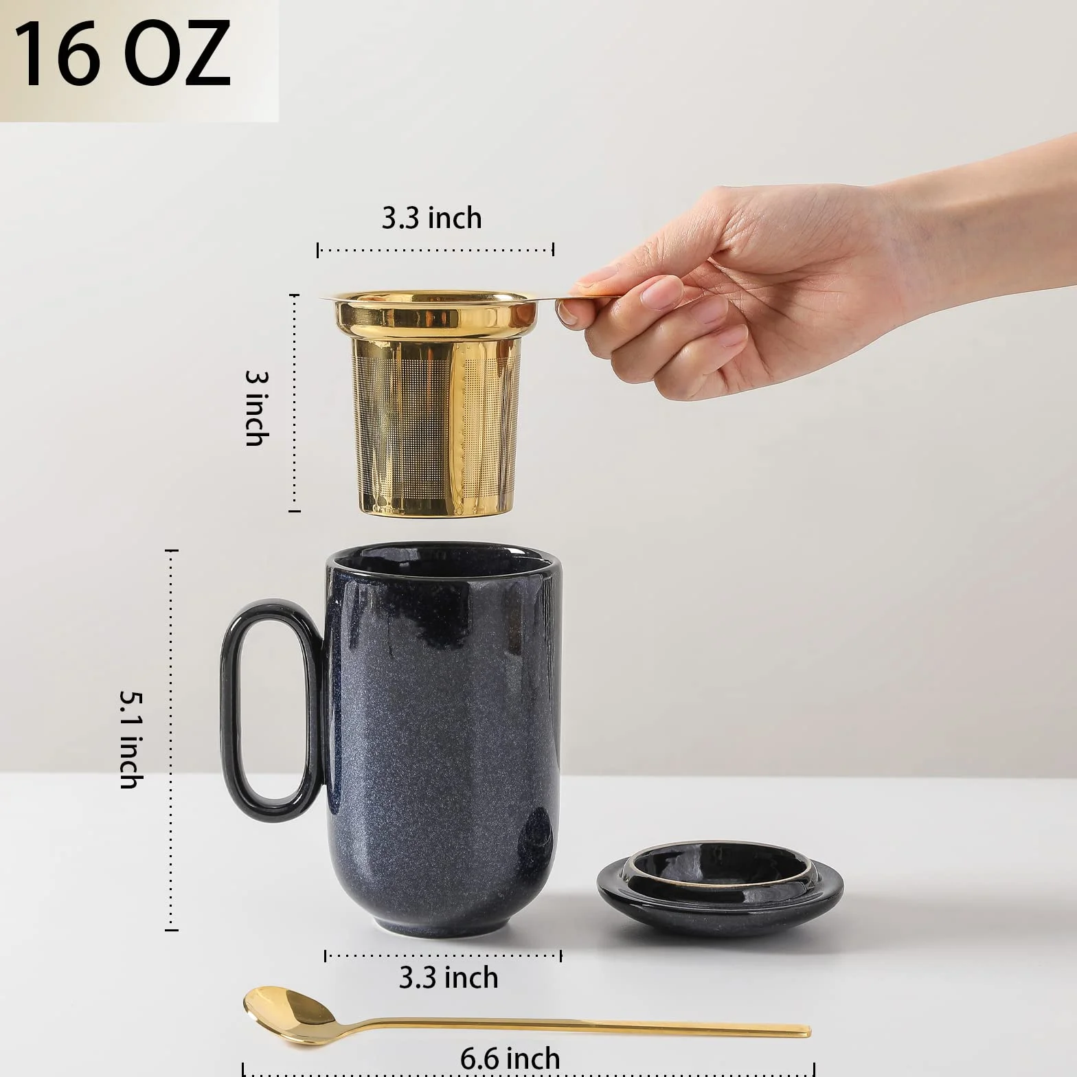 Ceramiczny zaparzacz do herbaty - VICRAYS duży 473 ml gorący luźny uchwyt zaparzacz filiżanka z zaparzaczem do liści łyżka pokrywka - niebieski wysoki glazurowany sitko kubek do kawy bezpieczny w