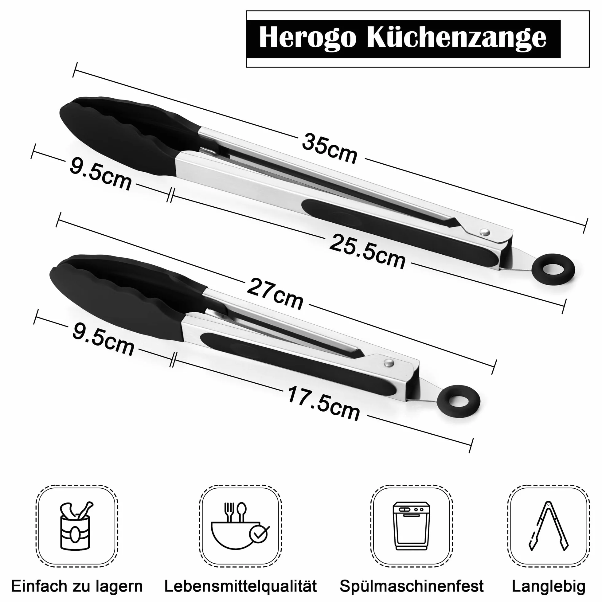Herogo Zestaw 2 szczypców kuchennych, 35 cm i 27 cm, stal nierdzewna, silikonowe szczypce kuchenne z nieprzywierającą końcówką, szczypce do grilla z klipsem blokującym, łatwe chwytanie i łatwe do