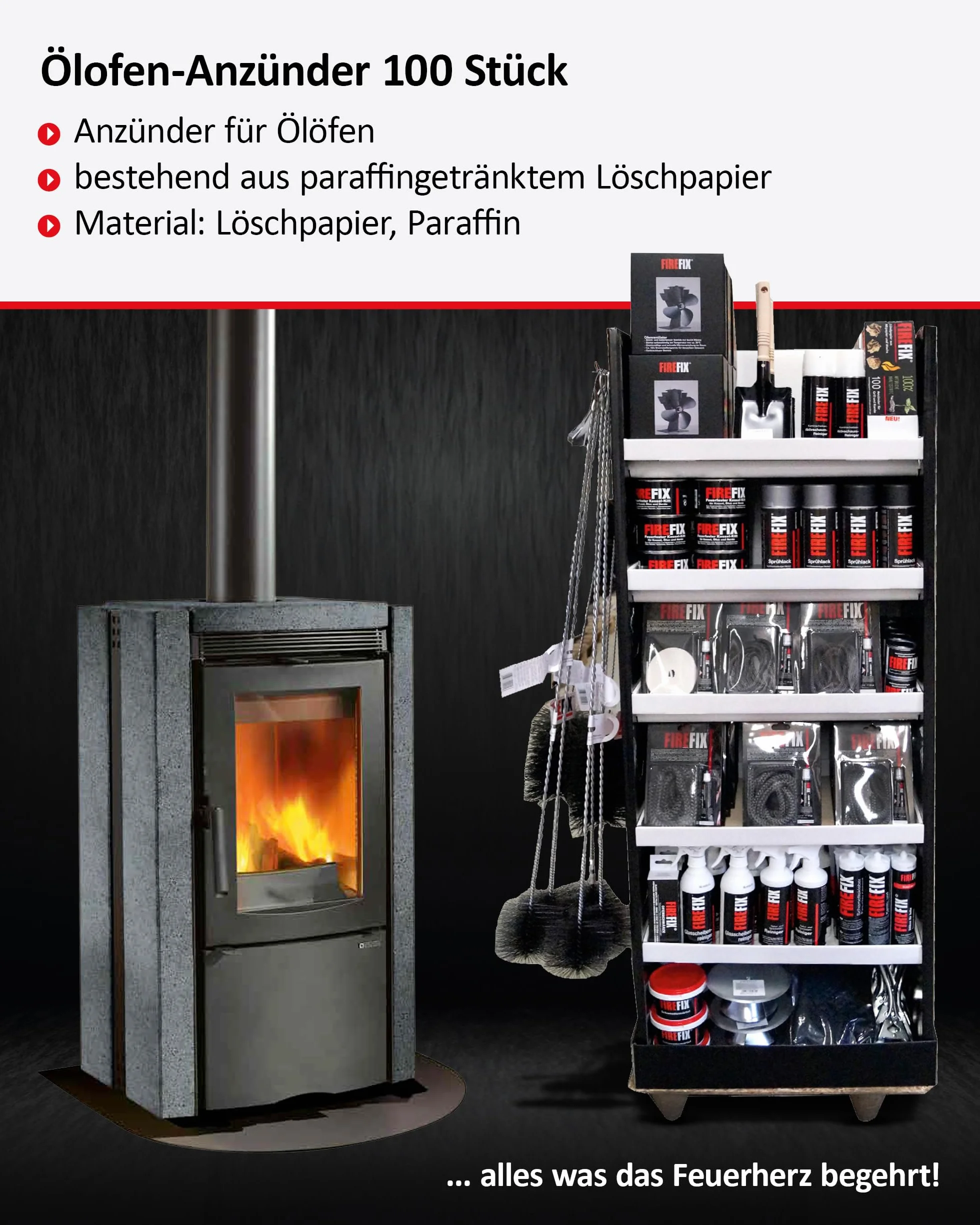 FIREFIX 2077 Podpałka do pieca olejowego l Podpałka do kominka składa się z nasączonego parafiną papieru gaśniczego I 100 szt. I Podpałka specjalnie do ogrzewania olejem pieca kominkowego