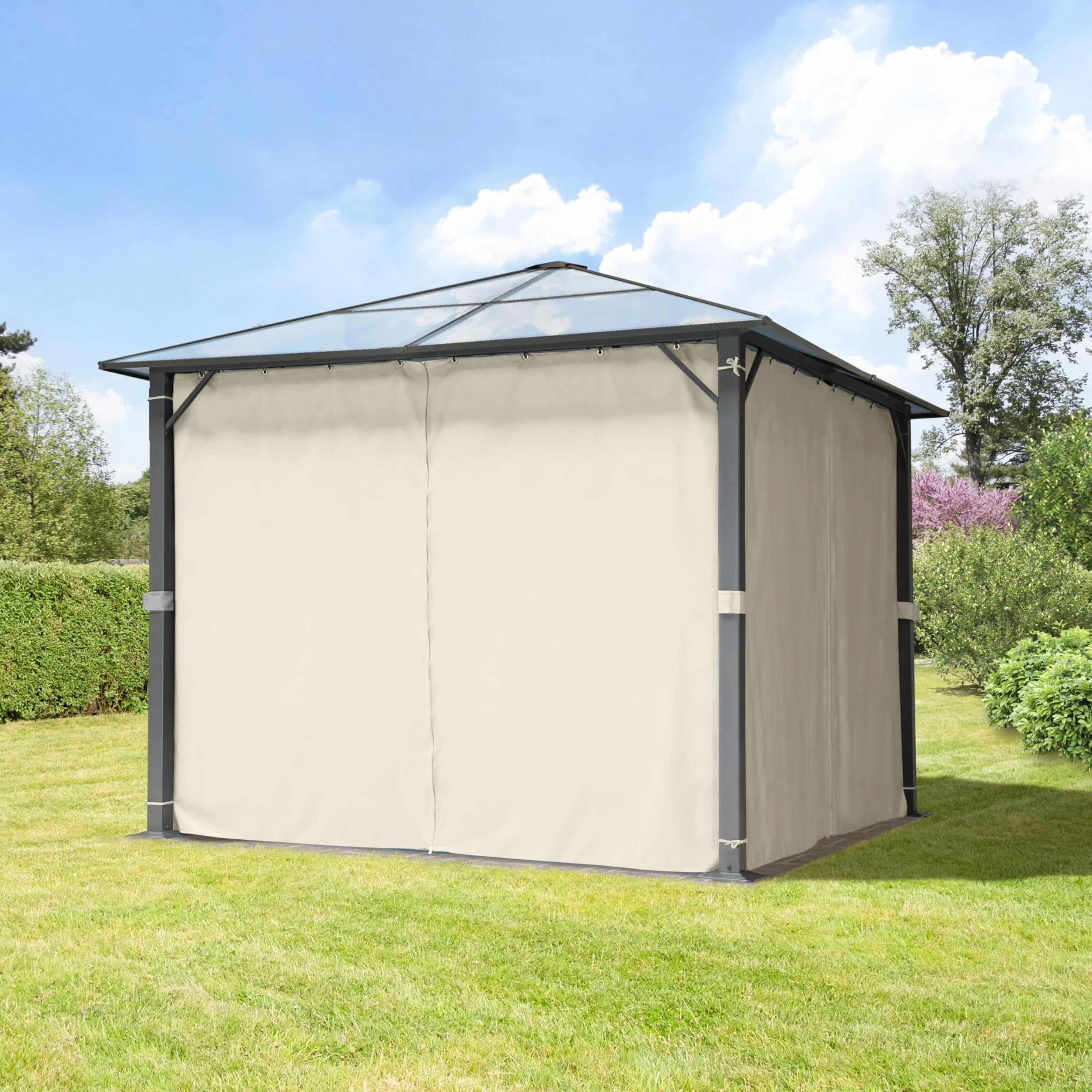 TOOLPORT Pawilon ogrodowy 3x3 m Hardtop dach z poliwęglanu ok. 6 mm z 4 ściany boczne i moskitiera w kolorze kremowy