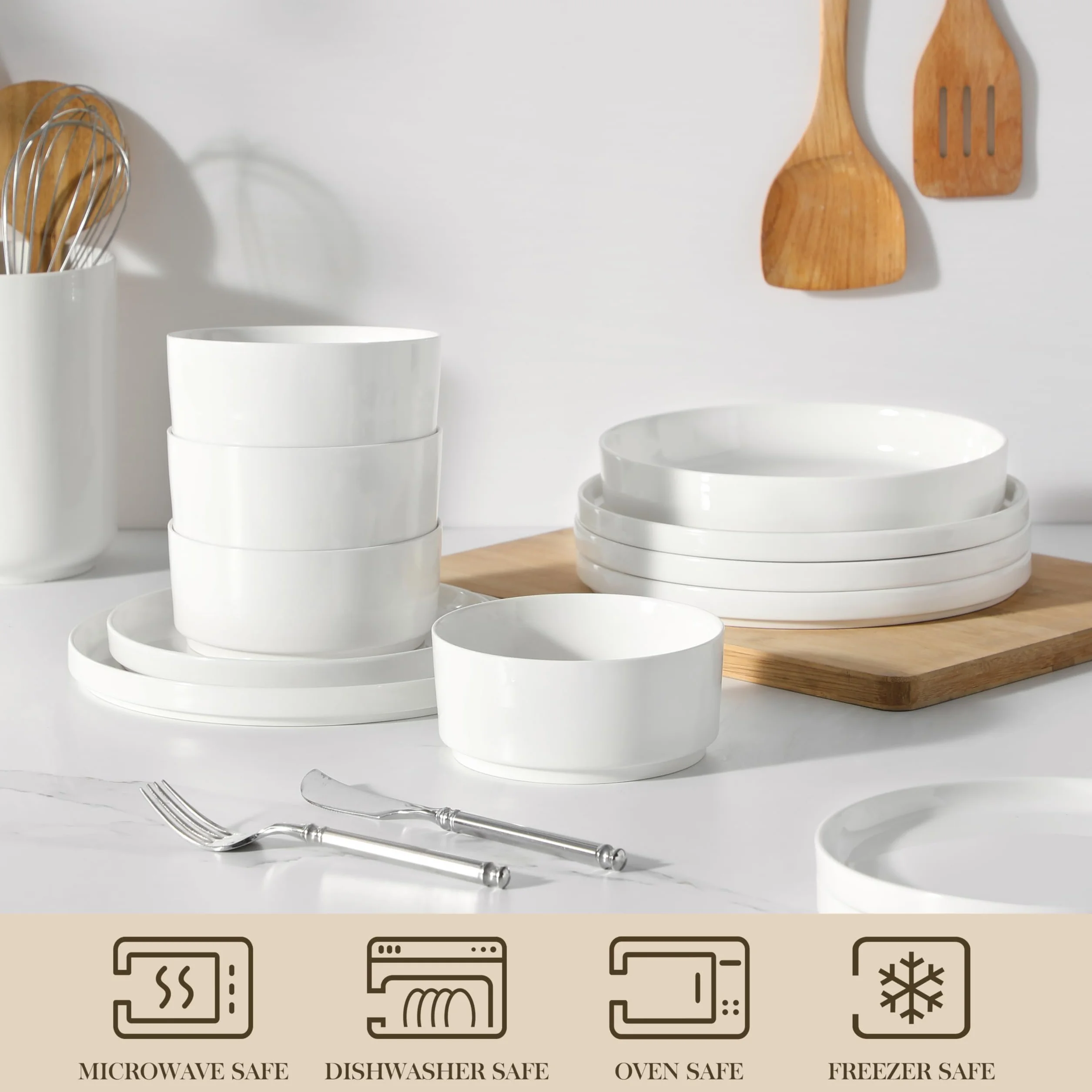 MALACASA 24-częściowy porcelanowy zestaw zastawy stołowej, nowoczesny biały zestaw naczyń dla 6 osób, wysokiej jakości zestawy talerzy i misek, odporne na odpryski i zarysowania zestawy naczyń
