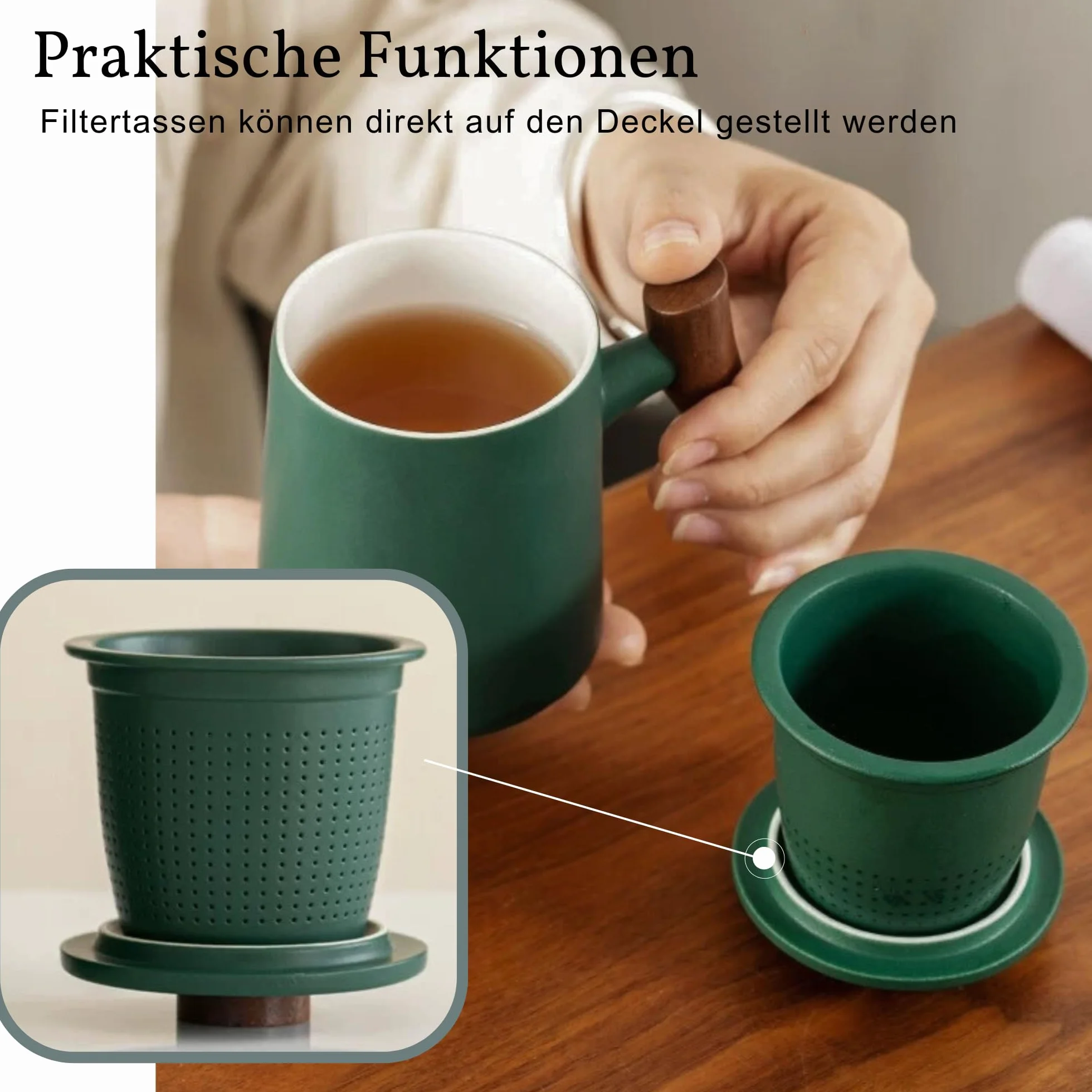 JanYoo Filiżanka do herbaty z pokrywką i sitkiem, 360 ml, uchwyt palisandru, ceramiczny kubek do herbaty, matowy, kamionkowy, glazurowane, do namaczania, zielona