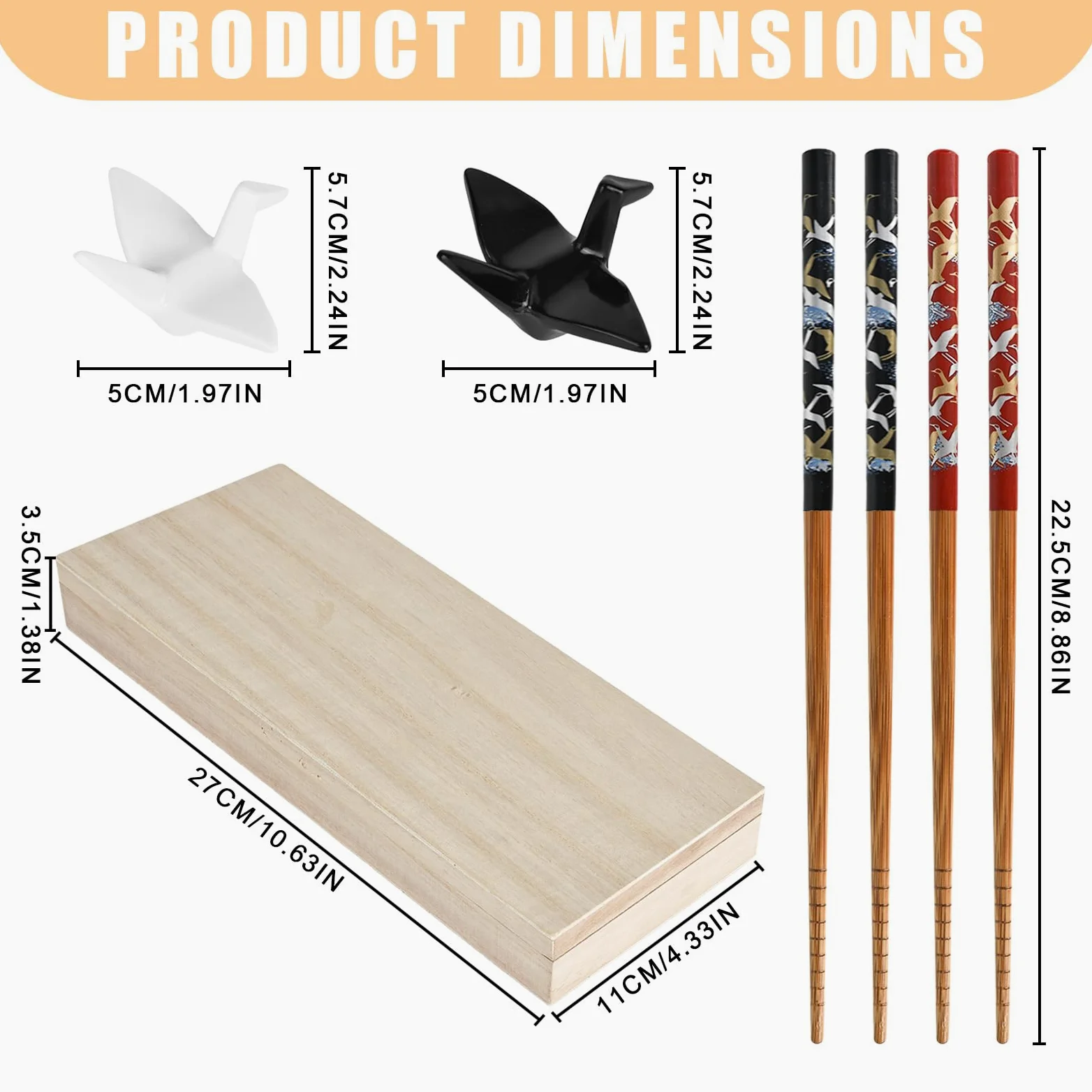 Zestaw pałeczek do sushi origami, 2 pary wraz z podkładkami ceramicznymi, ekskluzywne drewniane opakowanie, styl japoński, chiński, koreański i tajwański