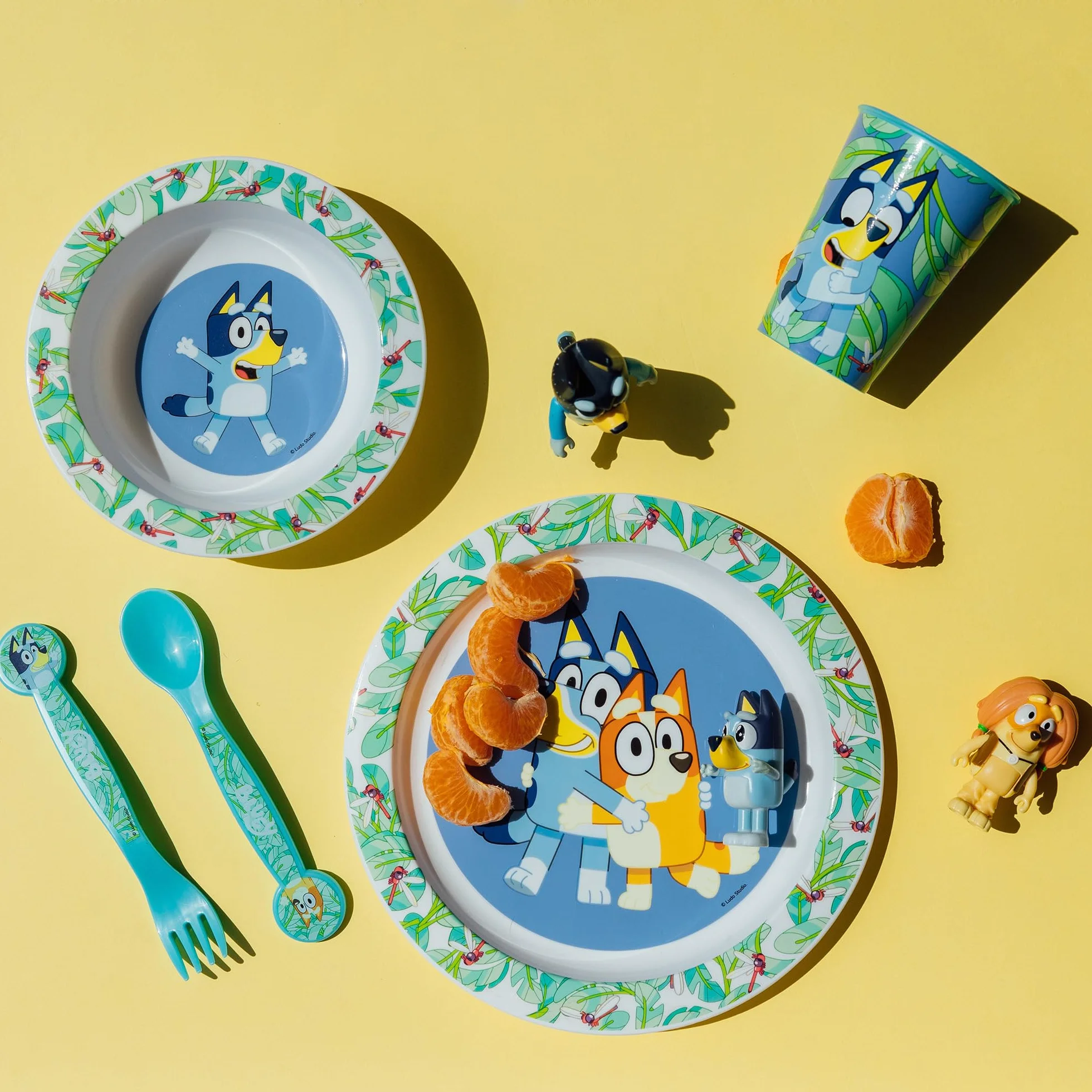 Bluey zestaw naczyń wielokrotnego użytku dla dzieci do kuchenki mikrofalowej, ze szklanką, talerzem, miską i sztućcami, Biały, Estándar, zwykły