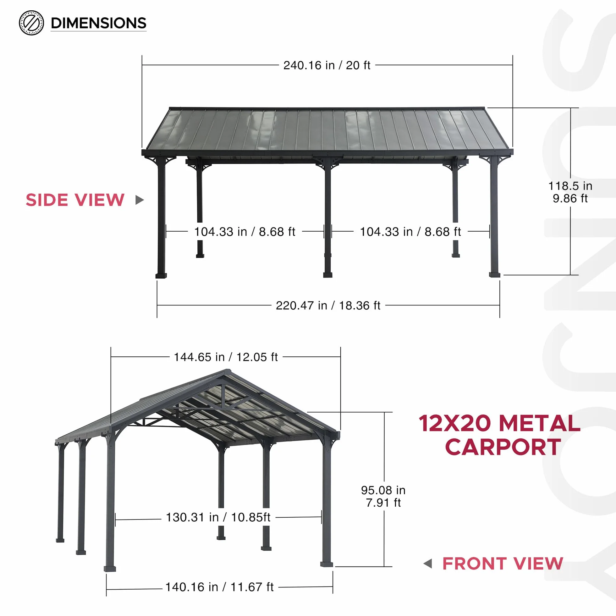 SUNJOY Wiata Samochodowa Outdoor 6,1 × 3,6 m, Dach ze Stali Malowanej Proszkowo, Grubsze Słupy 10 cm, Wytrzymałe Zadaszenie na Samochód, Ochrona UV i Wodoodporność, Pawilon Ogrodowy na SUV, Pickupy i
