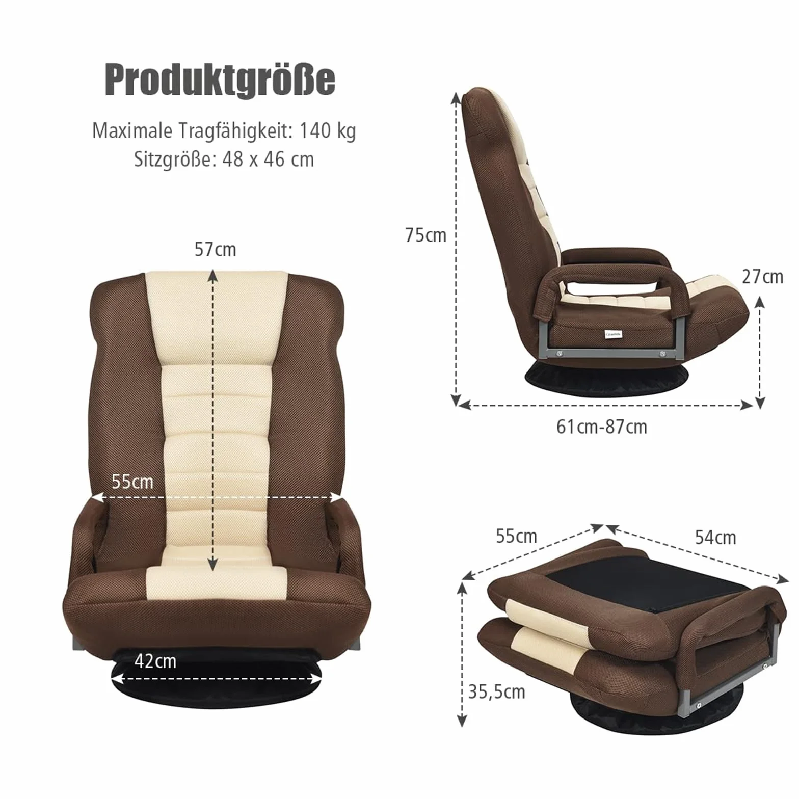COSTWAY Krzesło podłogowe obracane o 360°, fotel podłogowy z 6-stopniową regulacją oparcia, tapicerowany fotel gamingowy, sofa podłogowa, krzesło do medytacji, nośność do 140 kg, Lazy Sofa (brązowe)