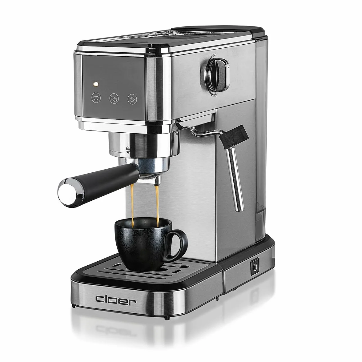 Cloer 5829 Ekspres do Espresso z Portafiltrem i Spieniaczem, Pompa 20 Barów, 1-2 Filiżanki Espresso, Cappuccino, Latte Macchiato, Zbiornik na Wodę o Pojemności 1 litra, 1350W